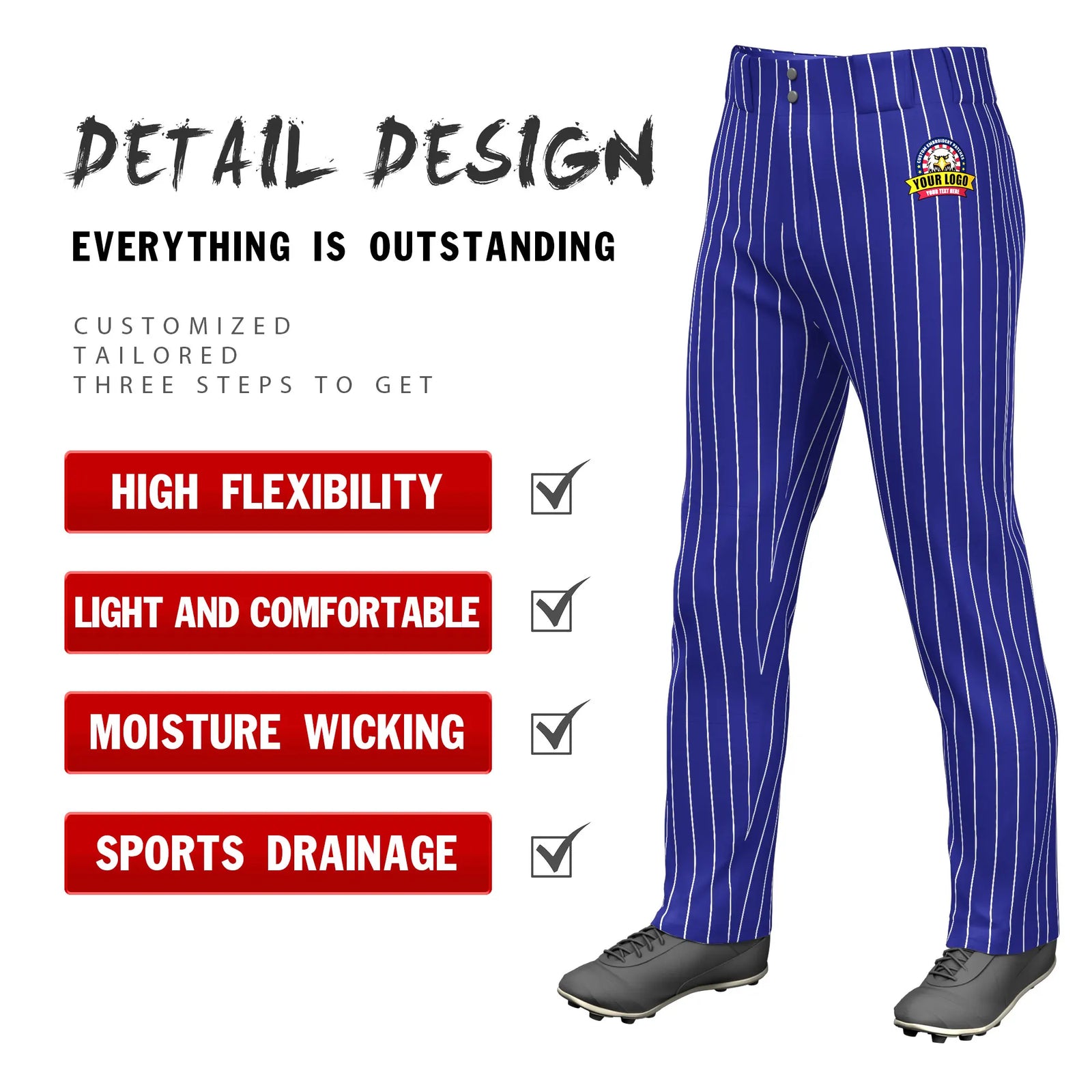 Custom Royal Blue White Pinstripe Fit Stretch Practice Loose-fit Baseball Pants