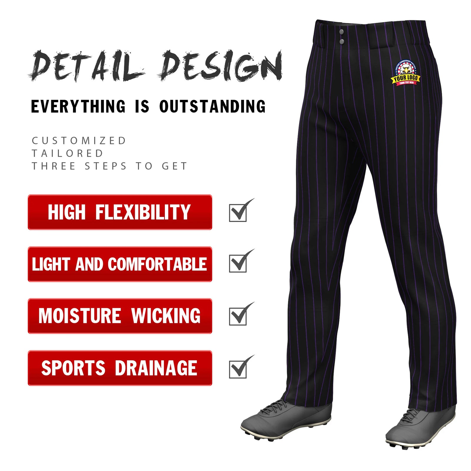 Custom Black Purple Classic Fit Stretch Practice Loose-fit Baseball Pants