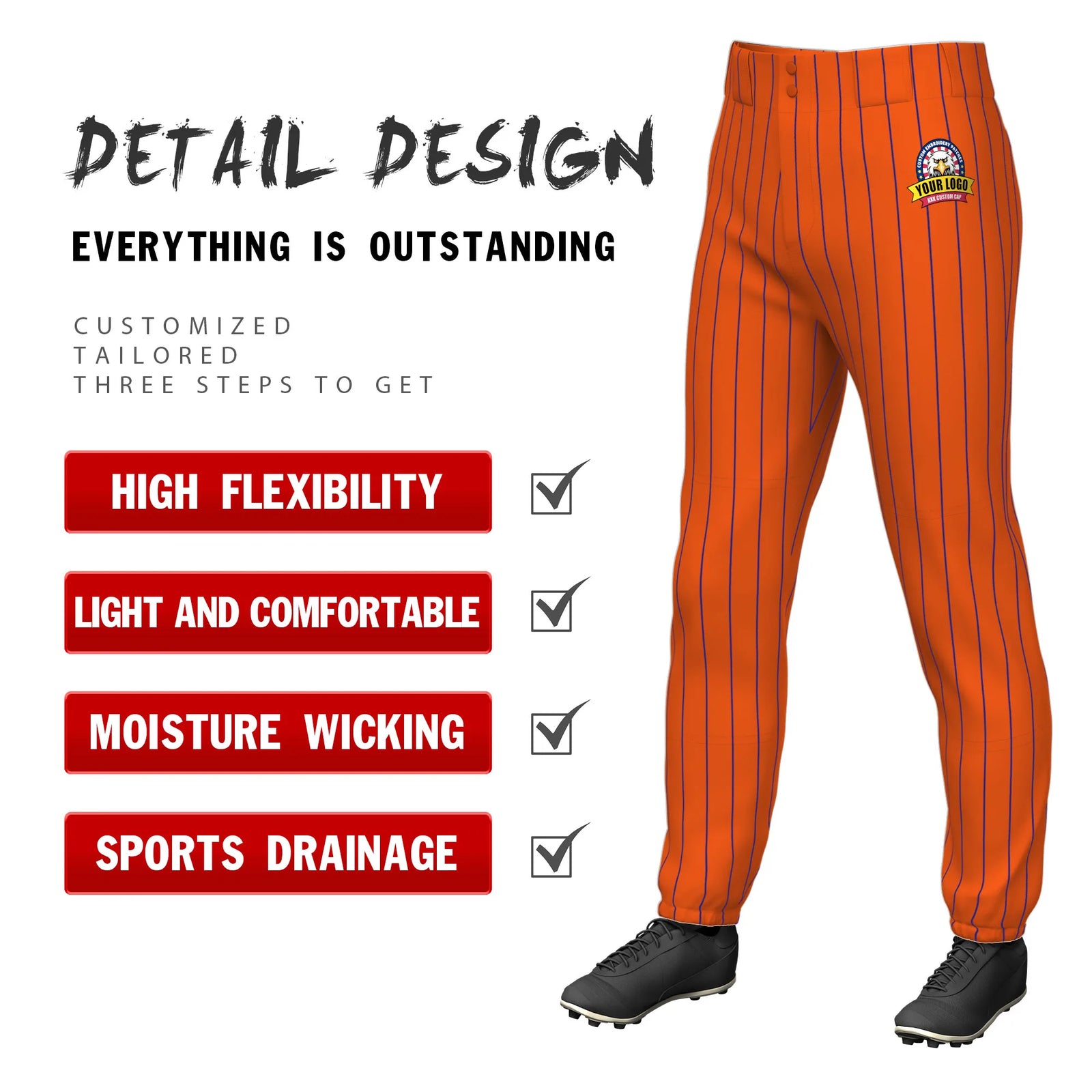 Custom Orange Royal Blue Pinstripe Fit Stretch Practice Pull-up Baseball Pant