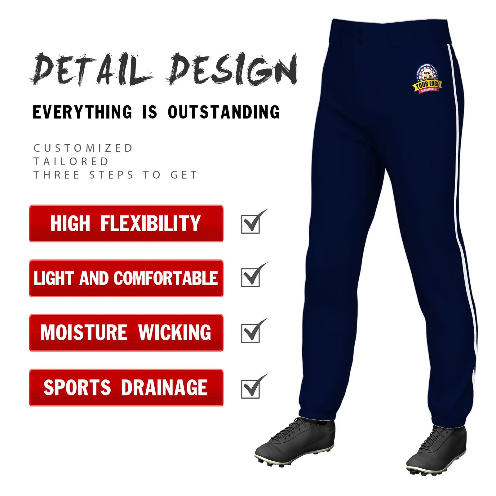 Custom Navy White Classic Fit Stretch Practice Pull-up Baseball Pants