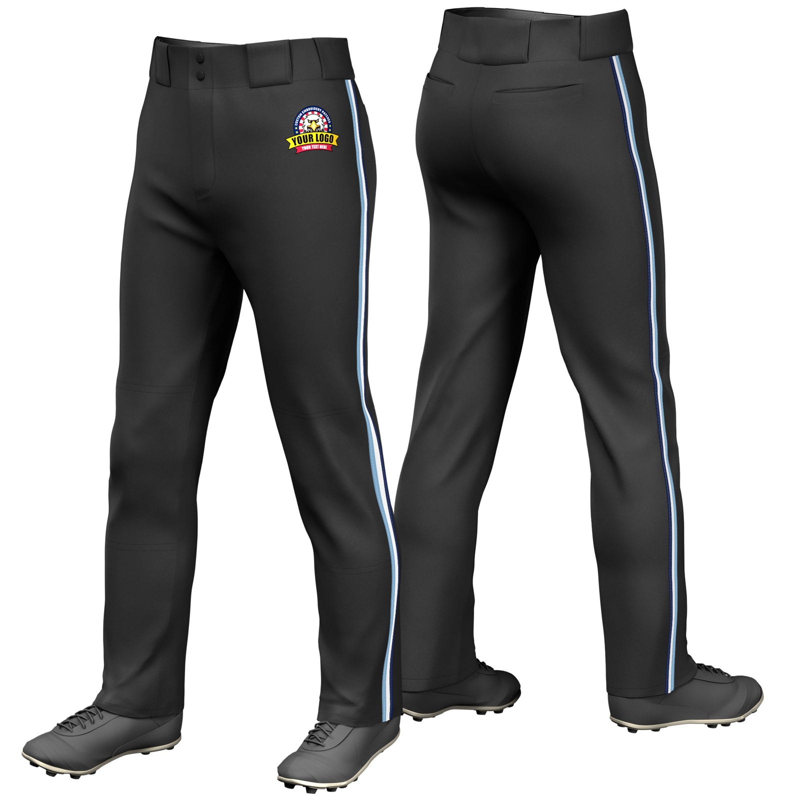 Custom Black Light Blue-White-Navy Classic Fit Stretch Practice Loose-fit Baseball Pants