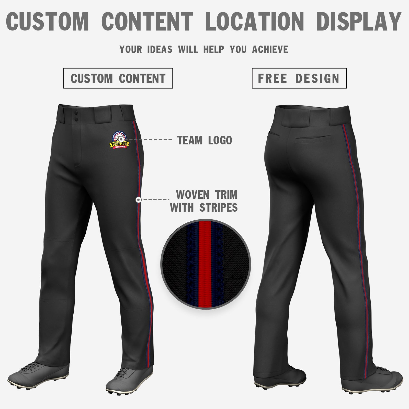 Custom Black Navy-Red-Navy Classic Fit Stretch Practice Loose-fit Baseball Pants
