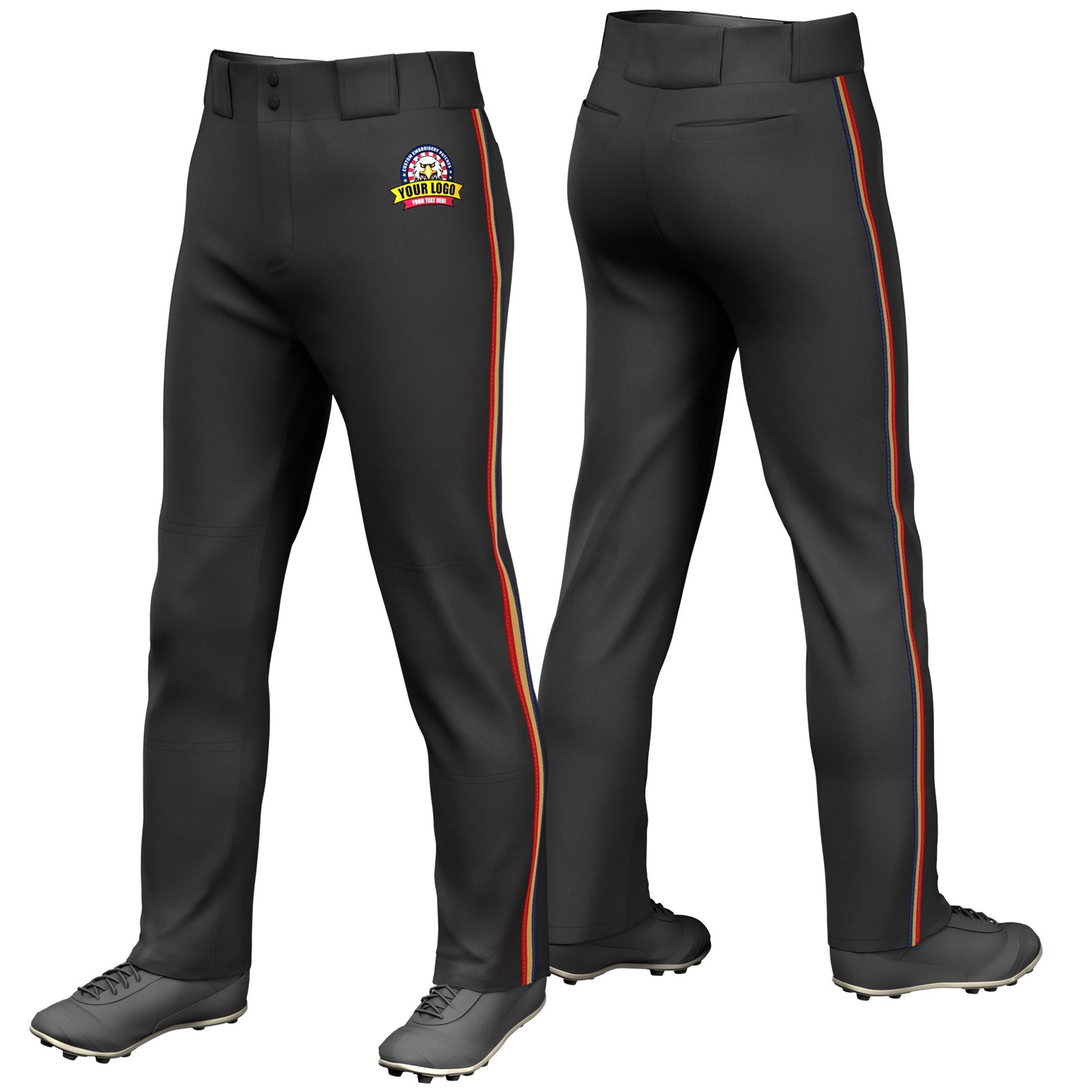 Custom Black Navy-Old Gold-Red Classic Fit Stretch Practice Loose-fit Baseball Pants