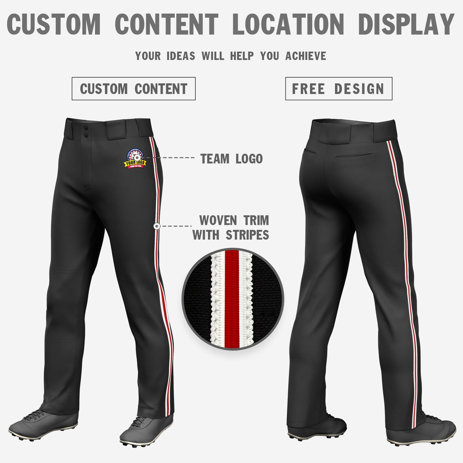 Custom Black White-Red-White Classic Fit Stretch Practice Loose-fit Baseball Pants