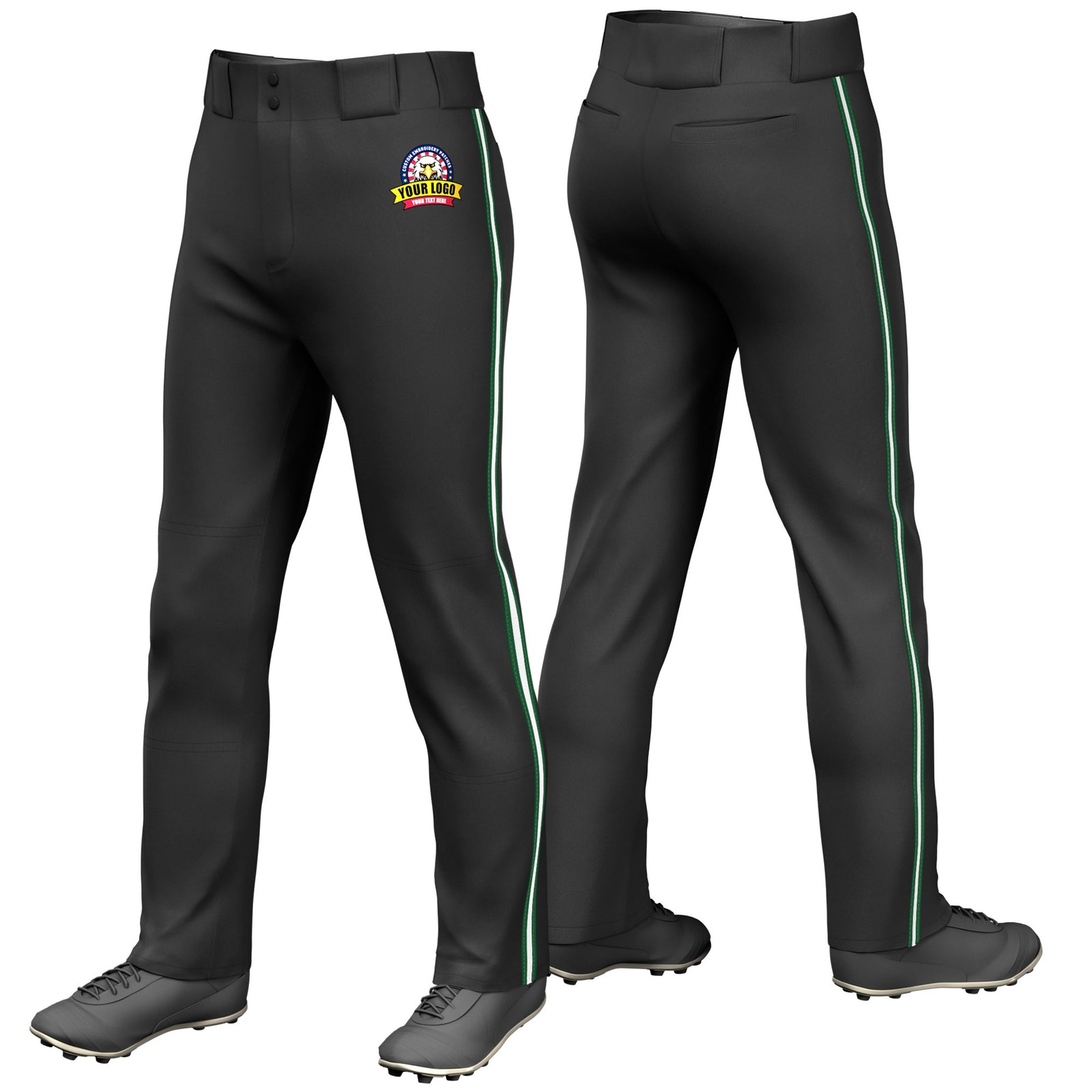 Custom Black Green-White-Green Classic Fit Stretch Practice Loose-fit Baseball Pants
