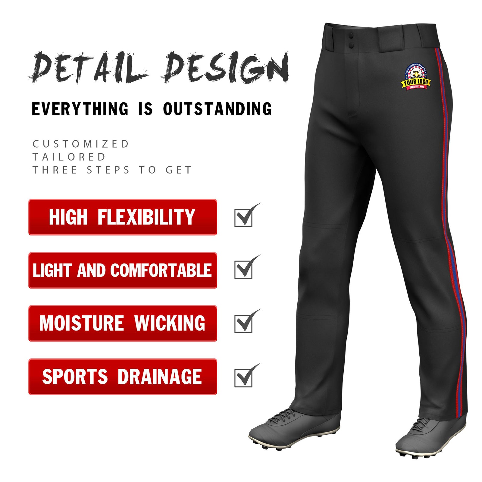 Custom Black Red-Royal Blue-Red Classic Fit Stretch Practice Loose-fit Baseball Pants