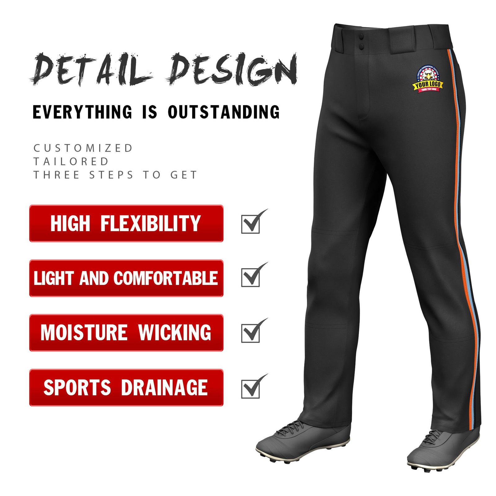 Custom Black Orange-Light Blue-Black Classic Fit Stretch Practice Loose-fit Baseball Pants