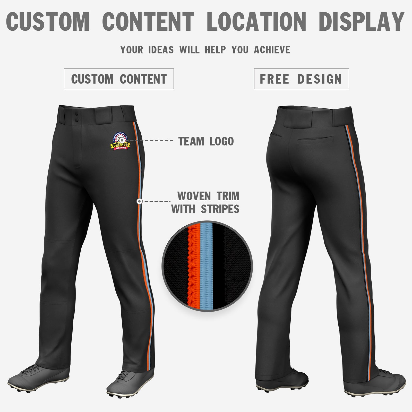 Custom Black Orange-Light Blue-Black Classic Fit Stretch Practice Loose-fit Baseball Pants