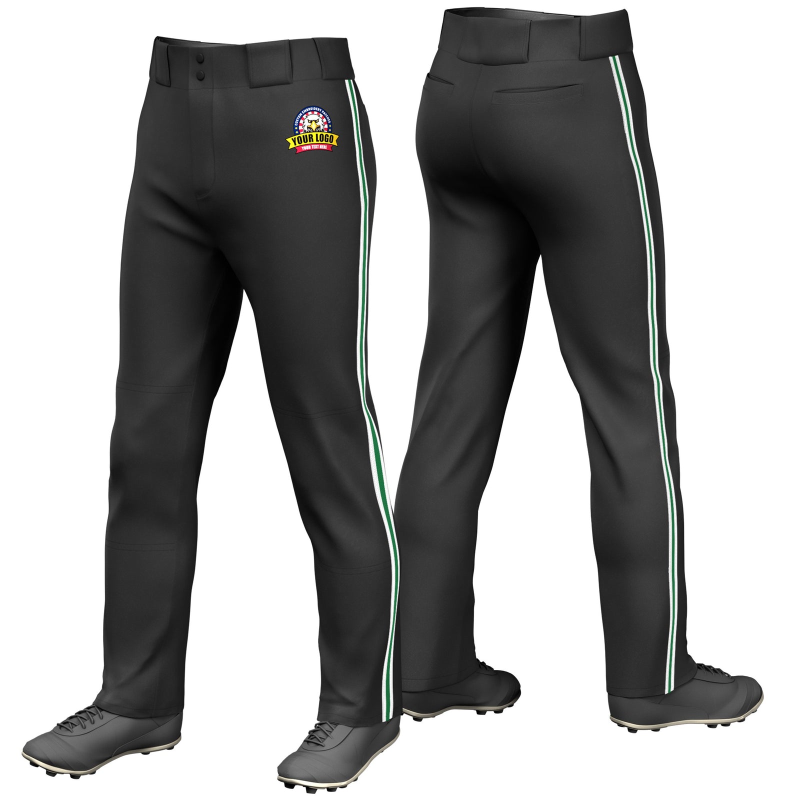 Custom Black White-Kelly Green-White Classic Fit Stretch Practice Loose-fit Baseball Pants