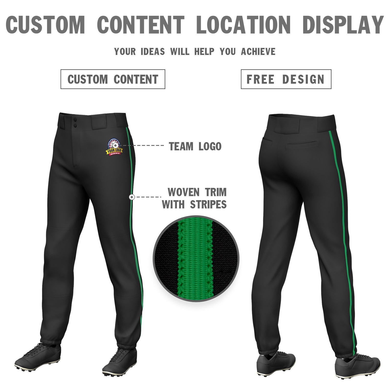 Custom Black Kelly Green Classic Fit Stretch Practice Pull-up Baseball Pants