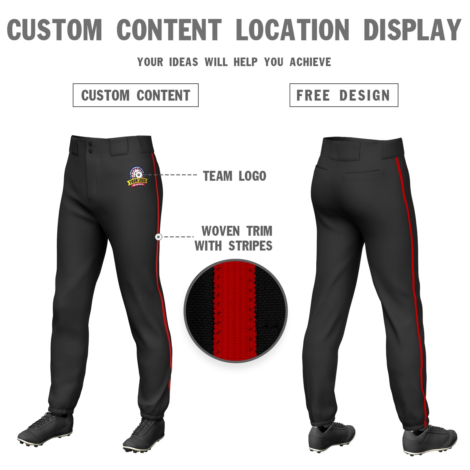 Custom Black Red Classic Fit Stretch Practice Pull-up Baseball Pants