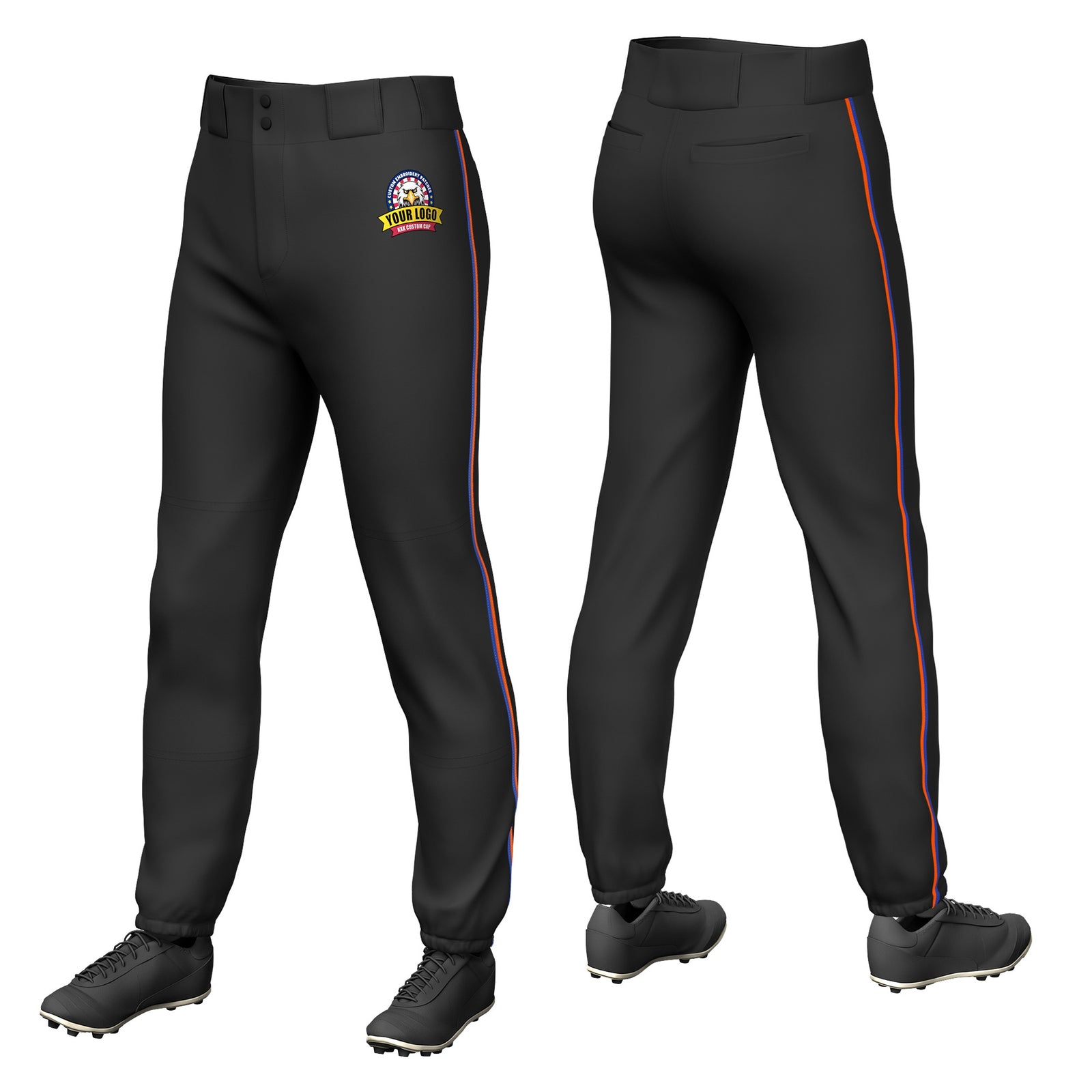 Custom Black Royal Blue-Orange Classic Fit Stretch Practice Pull-up Baseball Pants