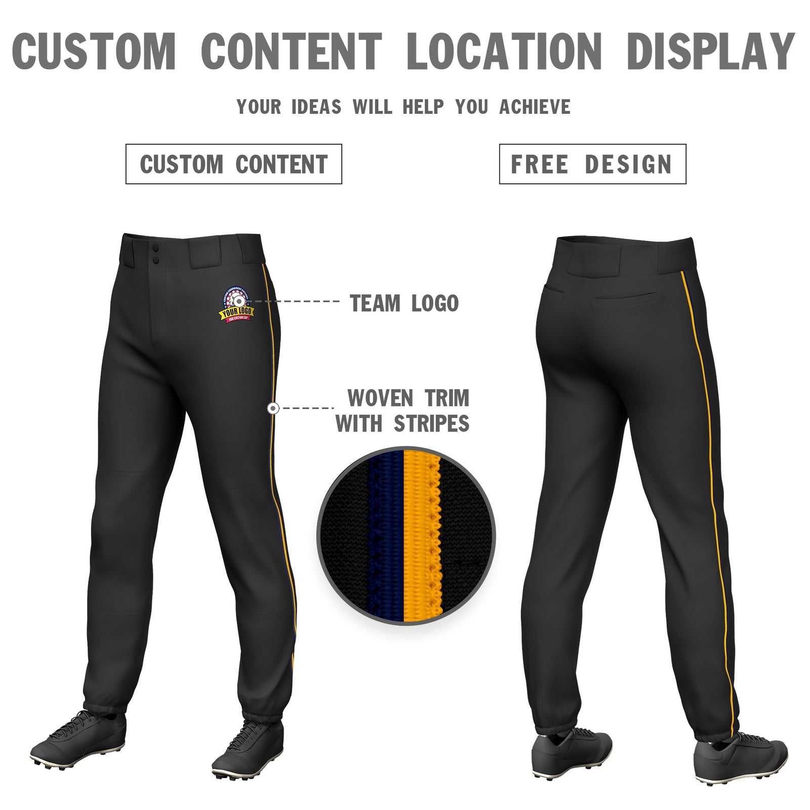 Custom Black Navy-Yellow Classic Fit Stretch Practice Pull-up Baseball Pants