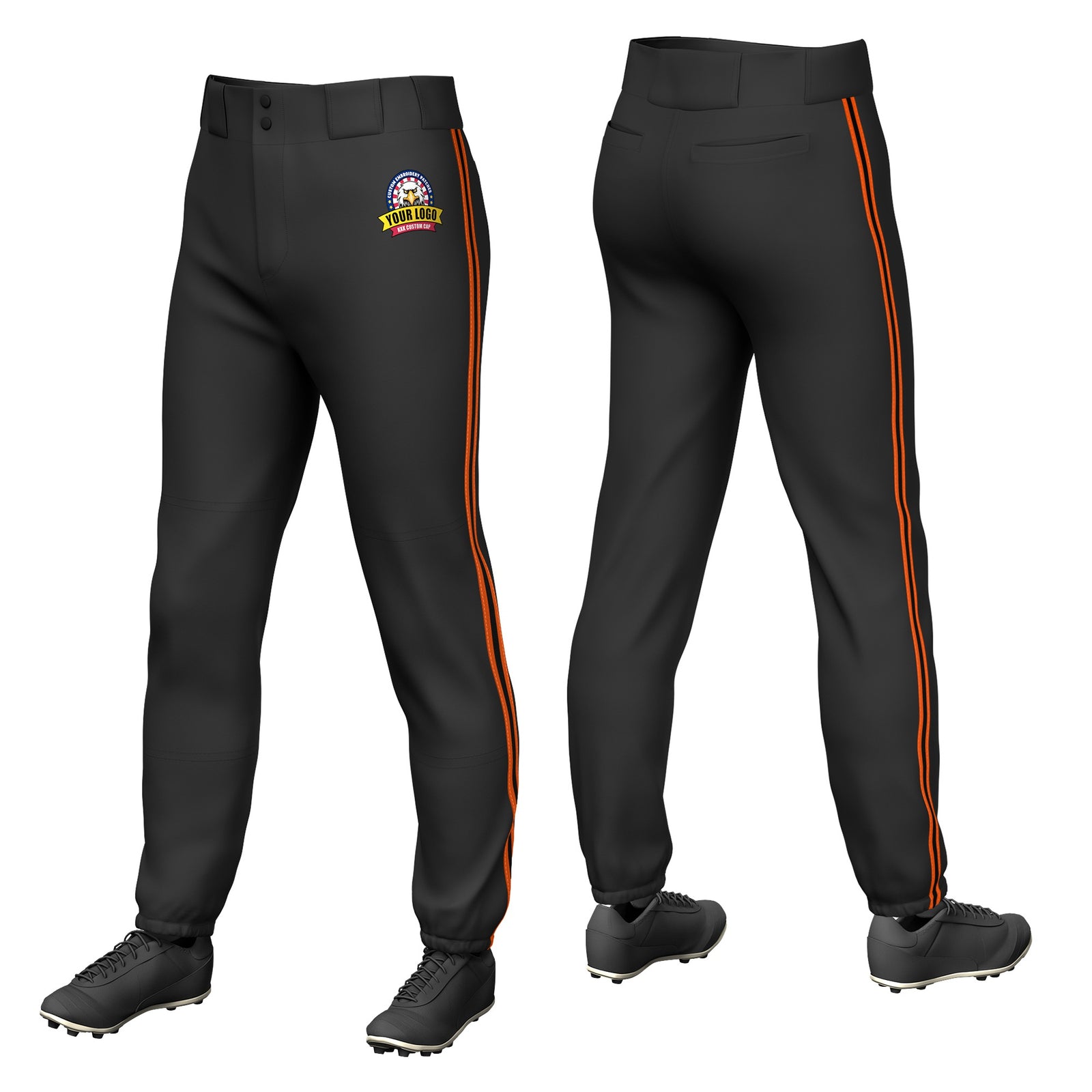 Custom Black Orange-Black-Orange Classic Fit Stretch Practice Pull-up Baseball Pants