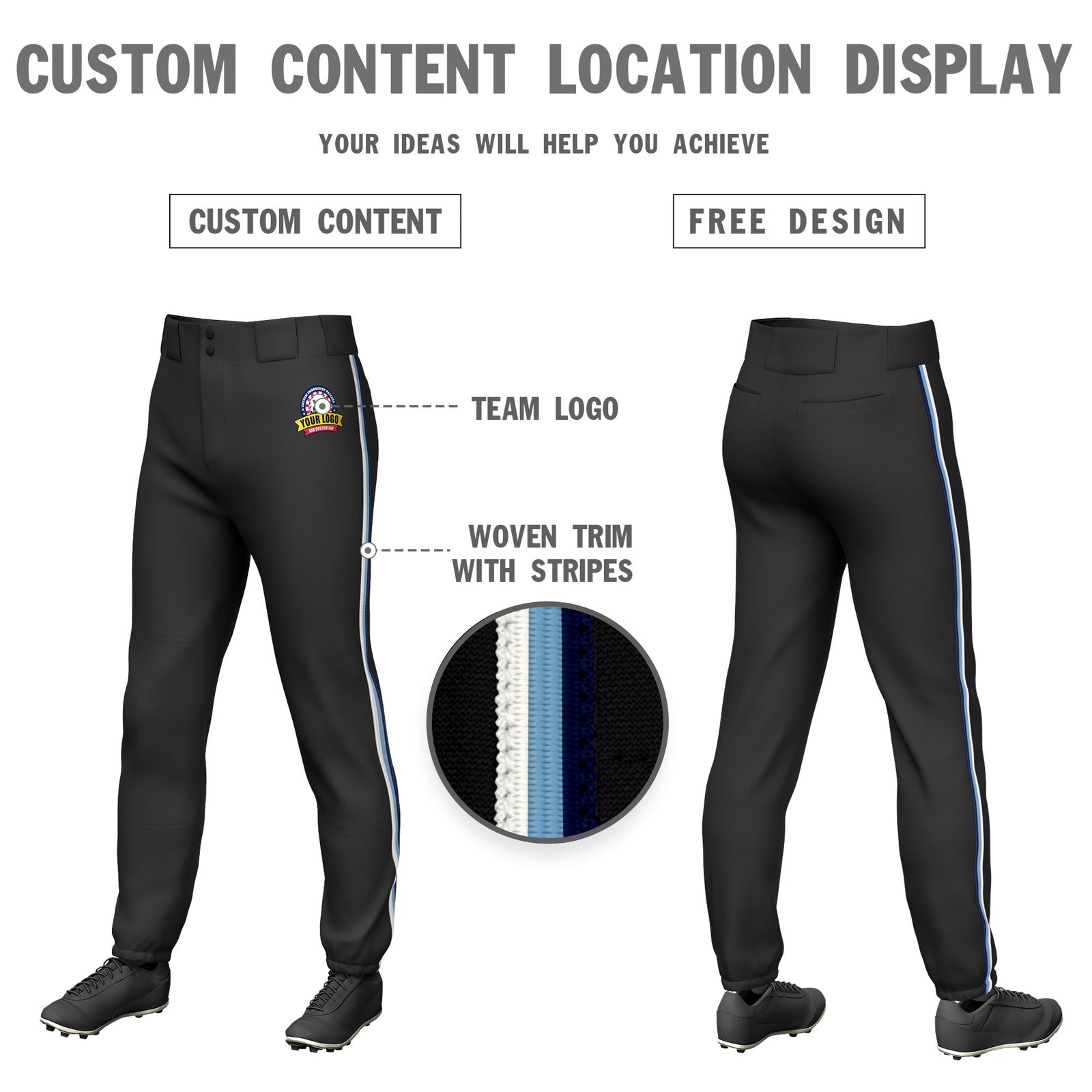 Custom Black White-Light Blue-Navy Classic Fit Stretch Practice Pull-up Baseball Pants