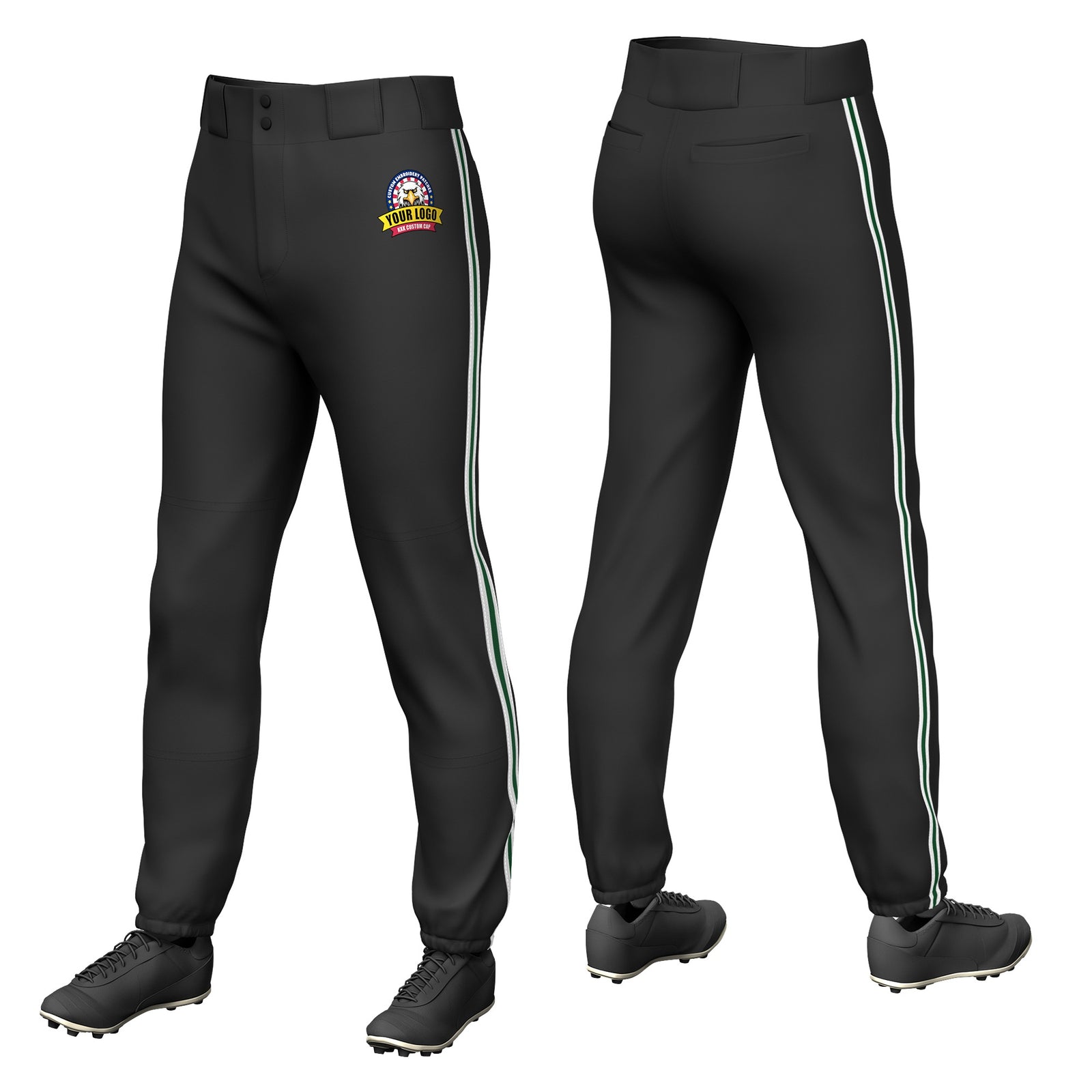 Custom Black White-Green-White Classic Fit Stretch Practice Pull-up Baseball Pants