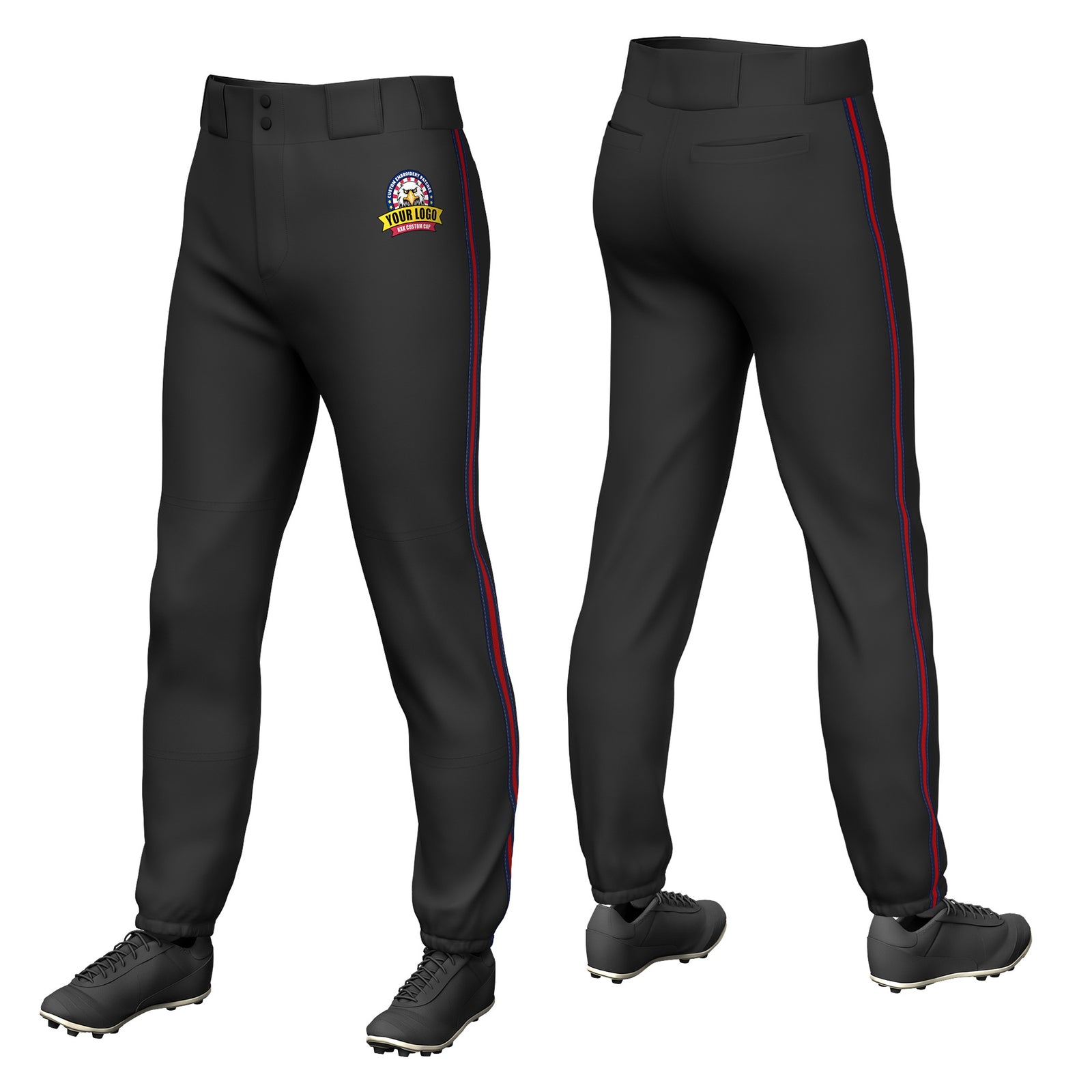 Custom Black Navy-Red-Navy Classic Fit Stretch Practice Pull-up Baseball Pants