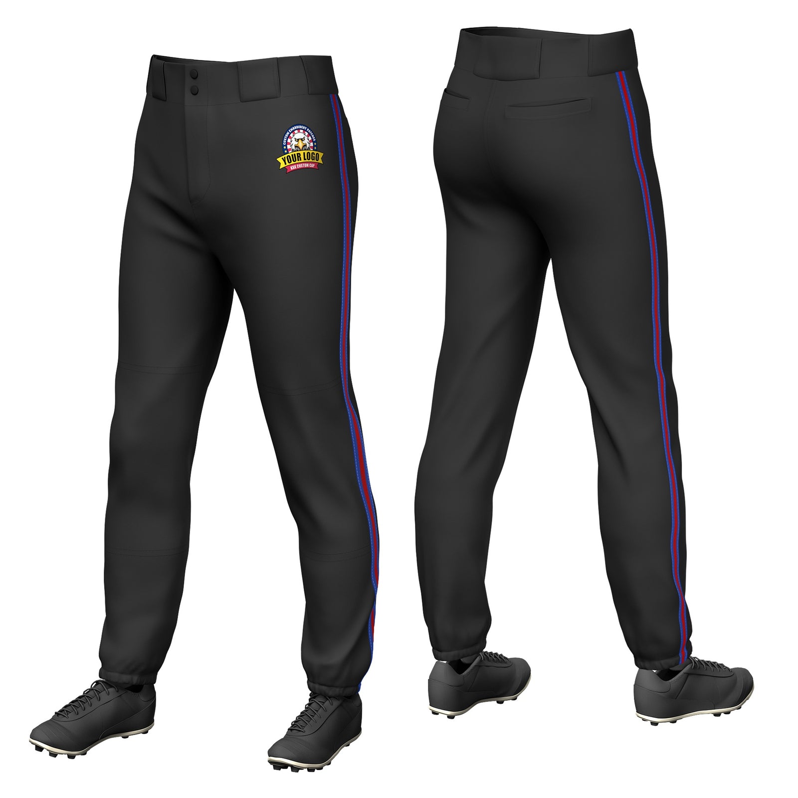 Custom Black Royal Blue-Red-Royal Blue Classic Fit Stretch Practice Pull-up Baseball Pants