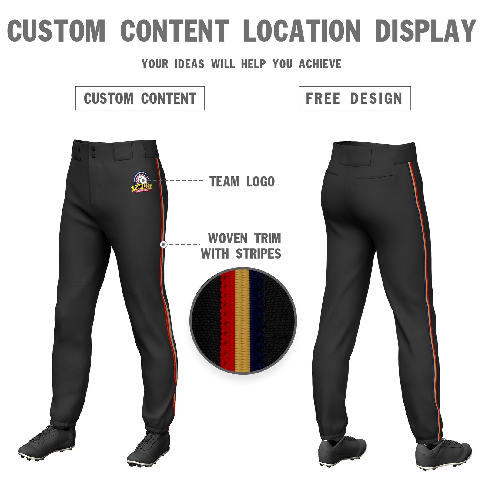 Custom Black Navy-Old Gold-Red Classic Fit Stretch Practice Pull-up Baseball Pants