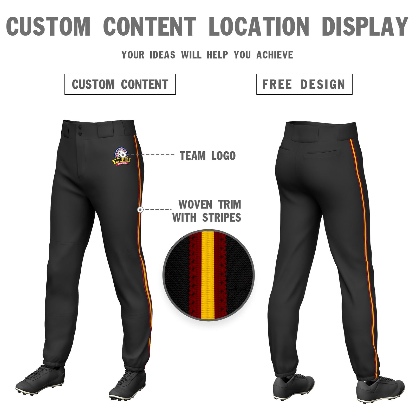 Custom Black Red-Gold01-Red Classic Fit Stretch Practice Pull-up Baseball Pants