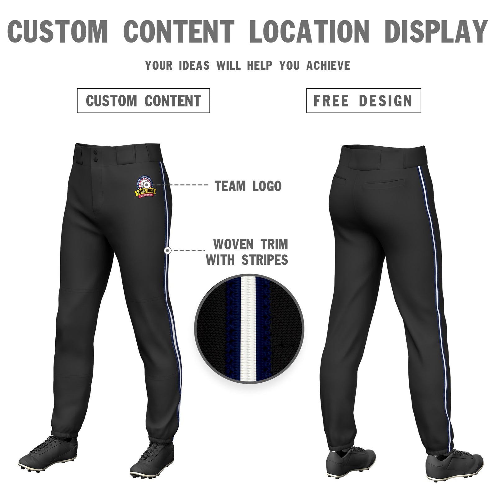 Custom Black Navy-White-Navy Classic Fit Stretch Practice Pull-up Baseball Pants