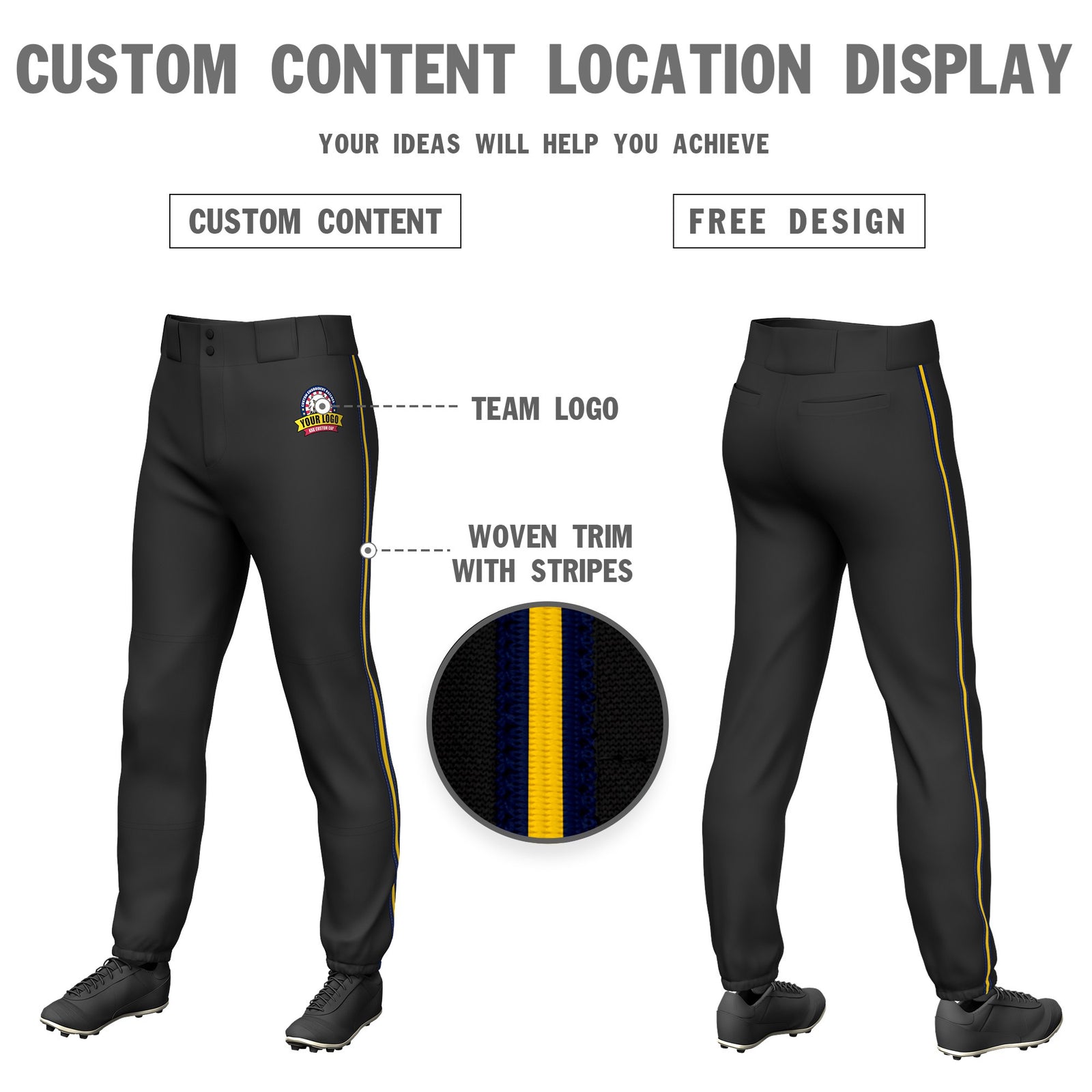 Custom Black Navy-Gold01-Navy Classic Fit Stretch Practice Pull-up Baseball Pants