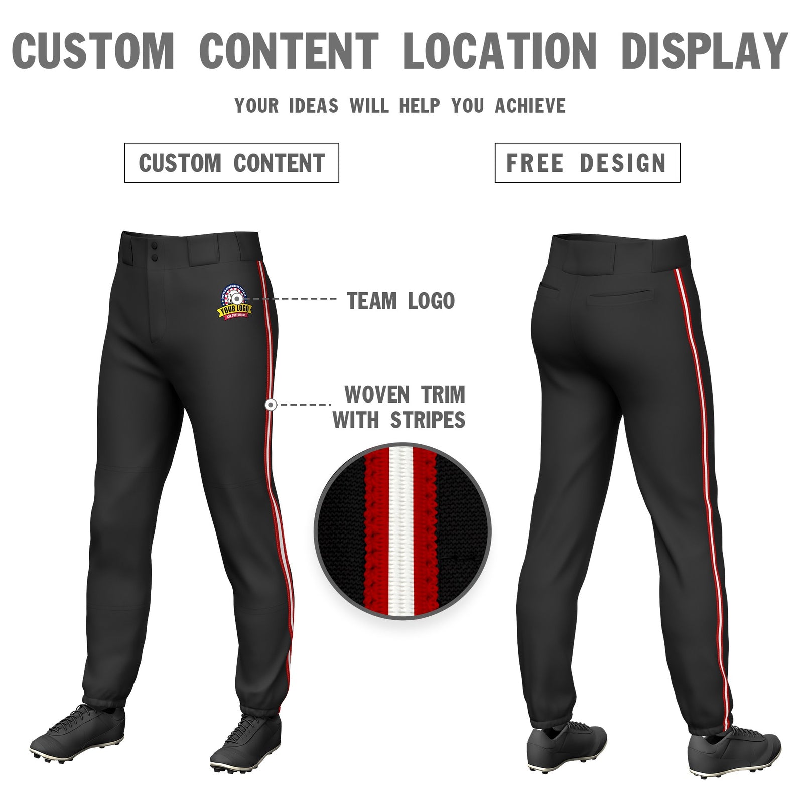 Custom Black Red-White-Red Classic Fit Stretch Practice Pull-up Baseball Pants