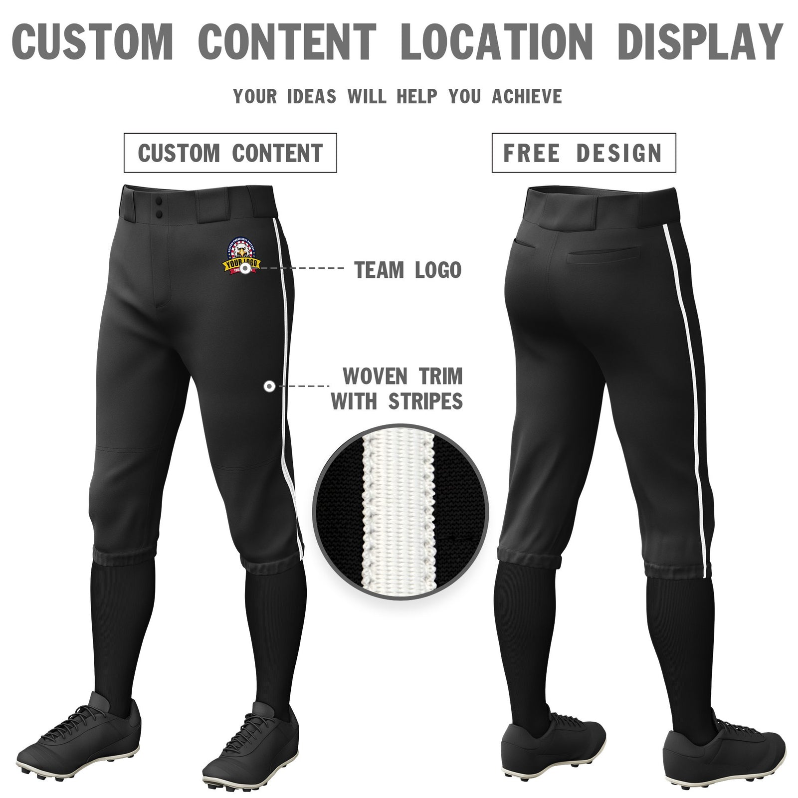 Custom Black White Classic Fit Stretch Practice Knickers Baseball Pants