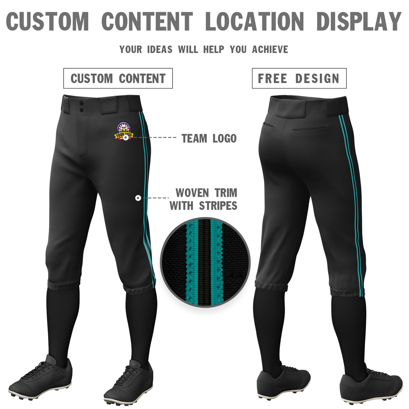 Custom Black Aqua-Black-Aqua Classic Fit Stretch Practice Knickers Baseball Pants