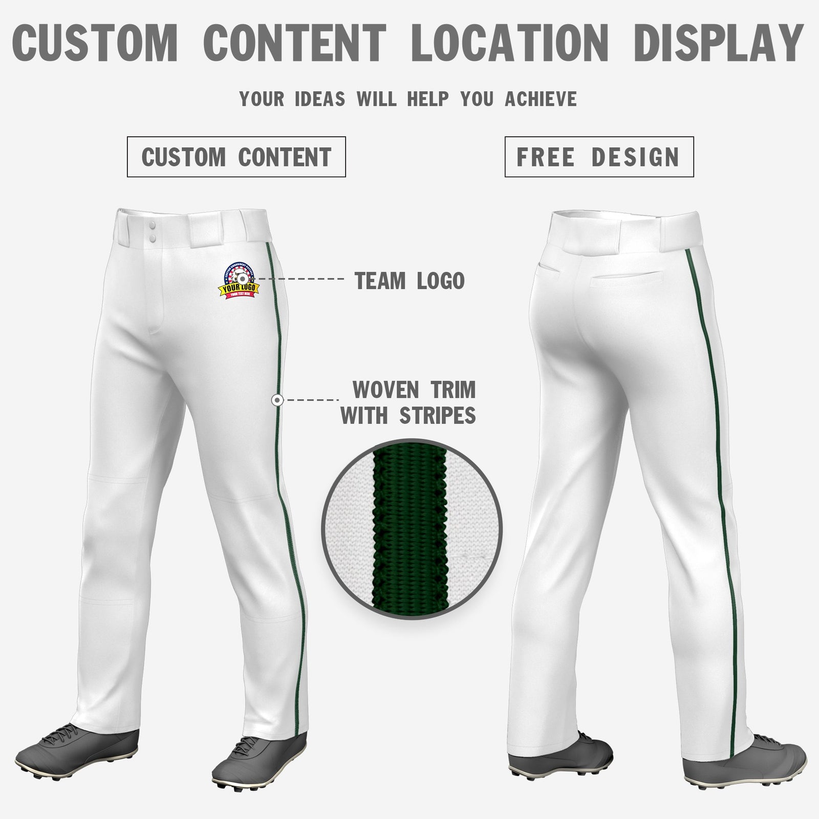 Custom White Green Classic Fit Stretch Practice Loose-fit Baseball Pants