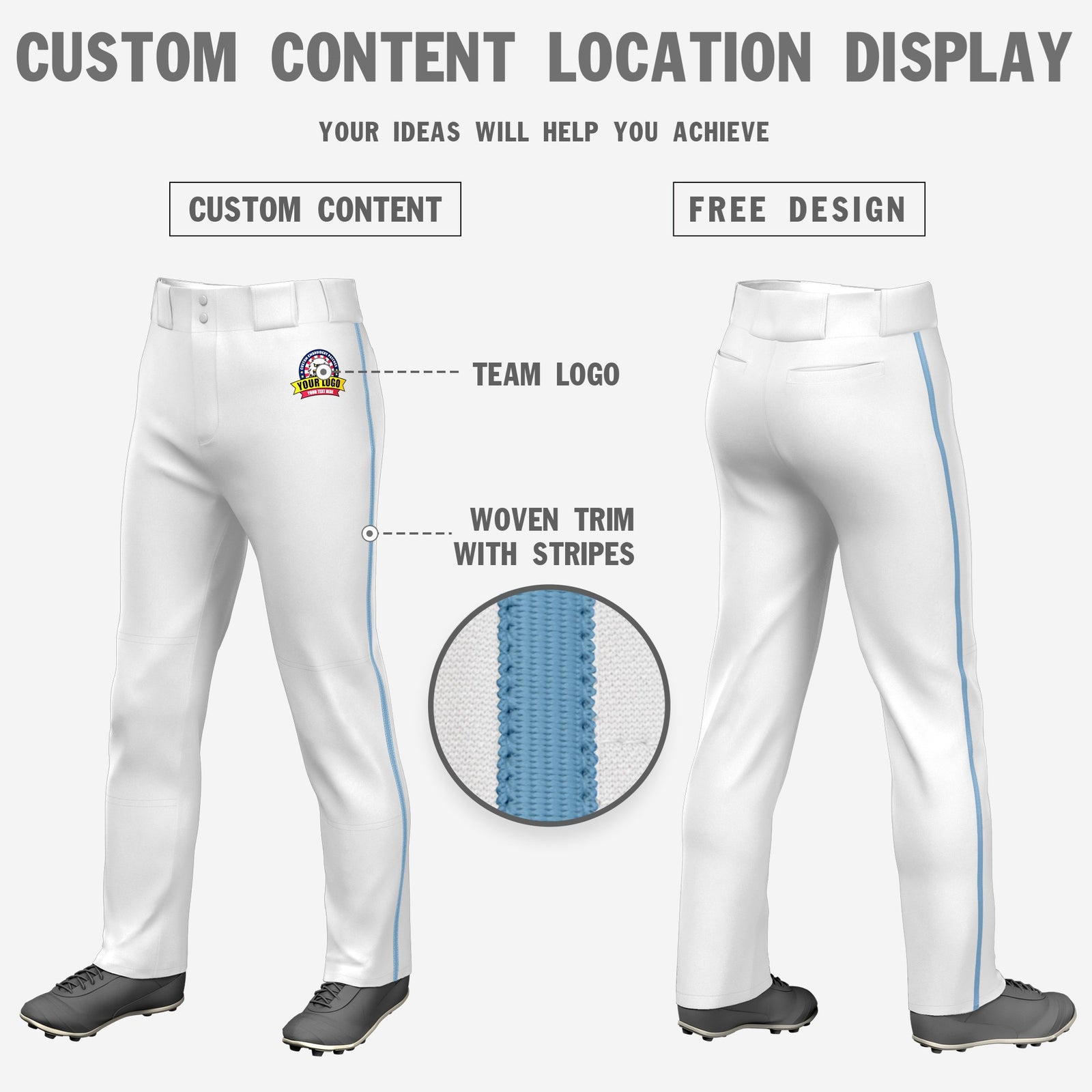 Custom White Light Blue Classic Fit Stretch Practice Loose-fit Baseball Pants