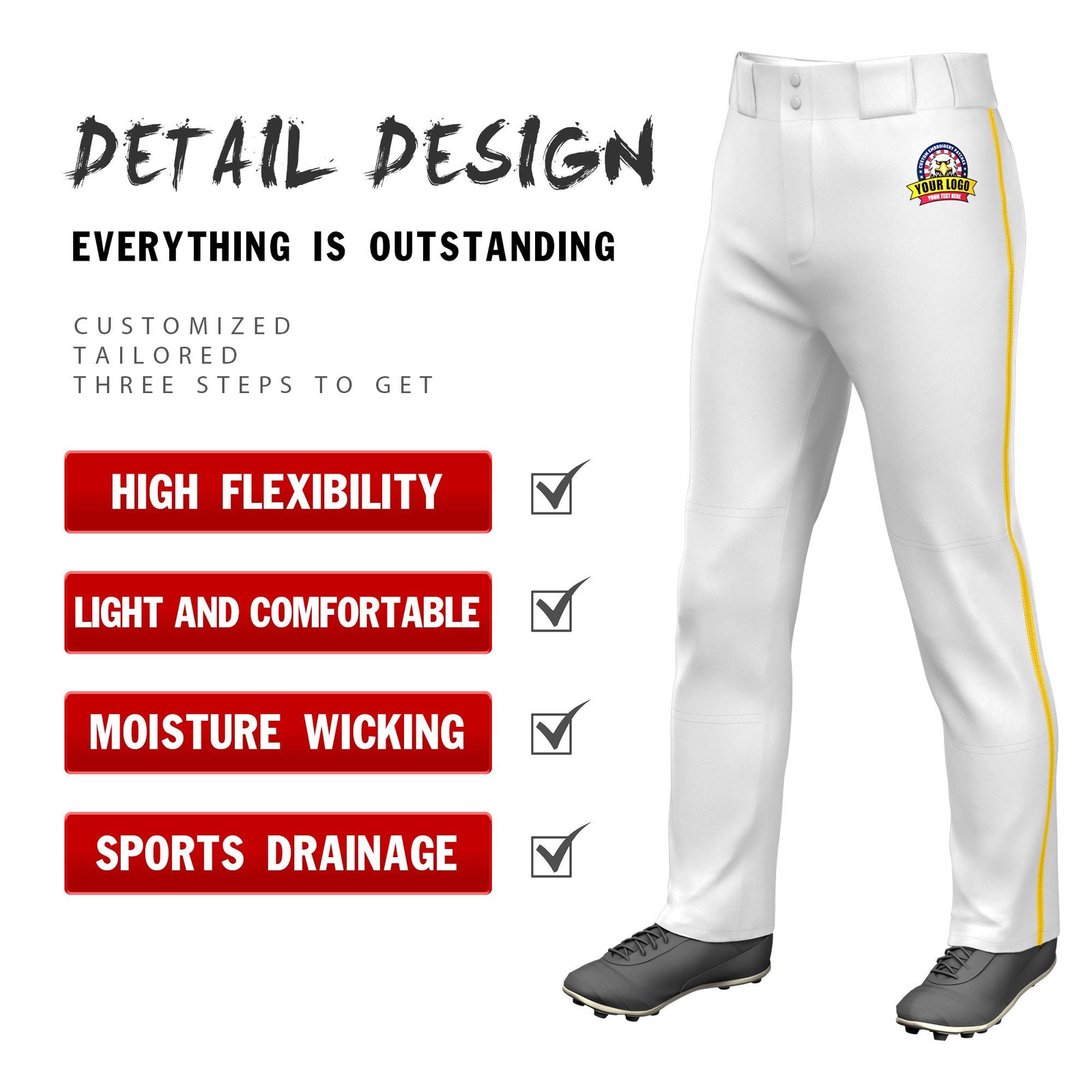 Custom White Gold01 Classic Fit Stretch Practice Loose-fit Baseball Pants