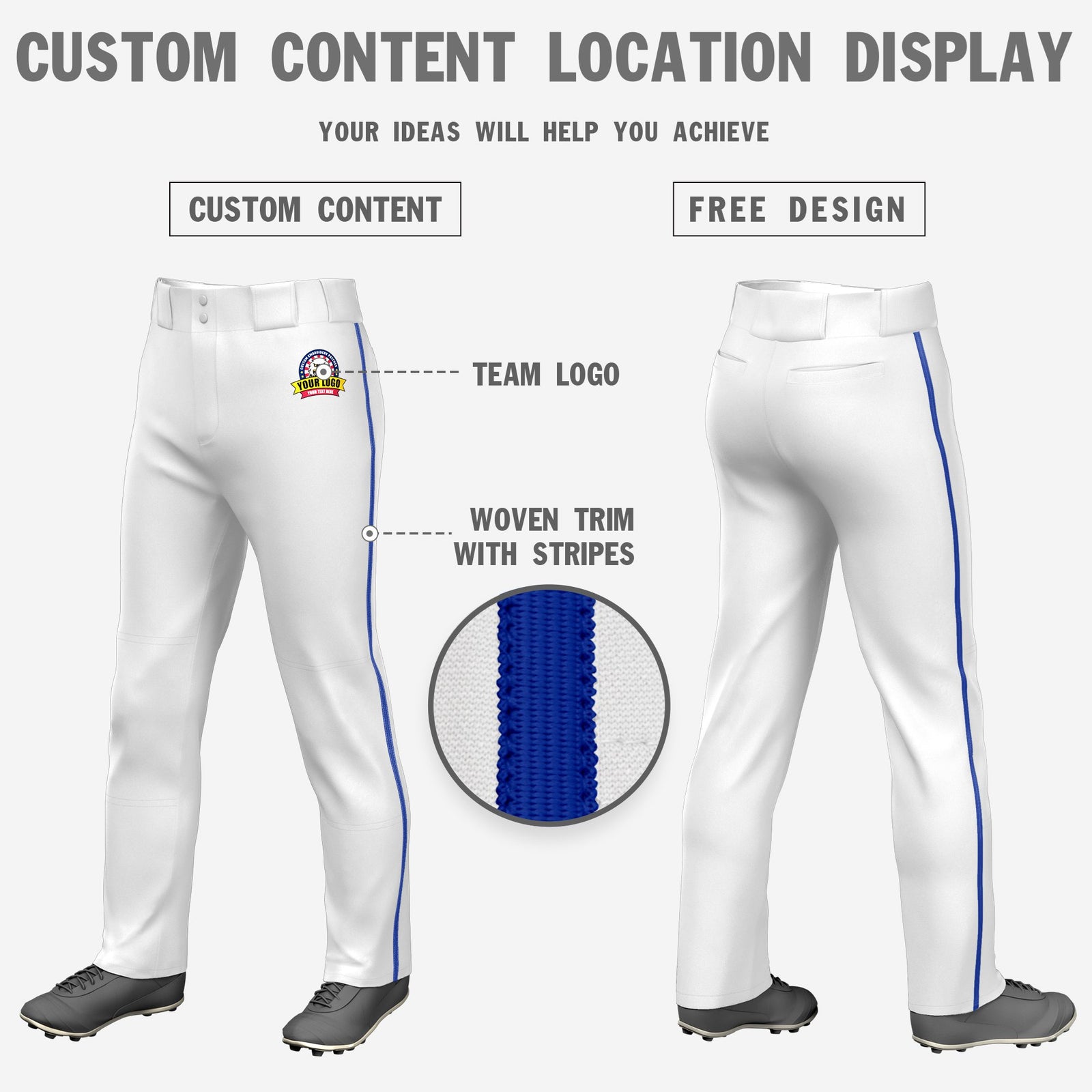 Custom White Royal Blue Classic Fit Stretch Practice Loose-fit Baseball Pants