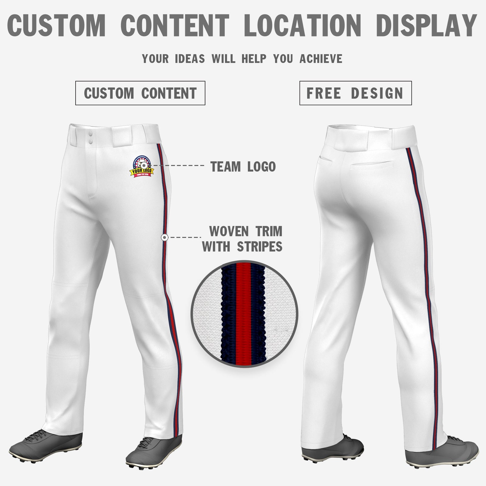 Custom White Navy-Red-Navy Classic Fit Stretch Practice Loose-fit Baseball Pants