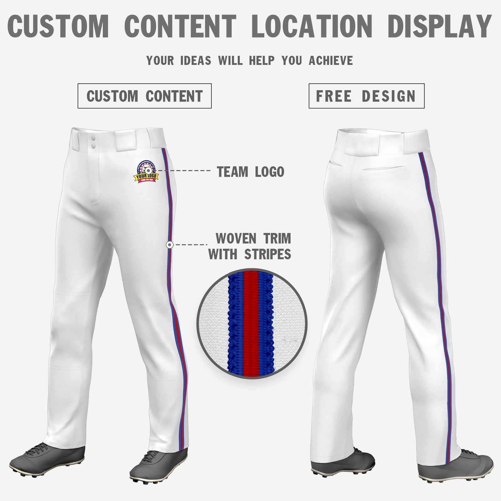 Custom White Royal Blue-Red-Royal Blue Classic Fit Stretch Practice Loose-fit Baseball Pants