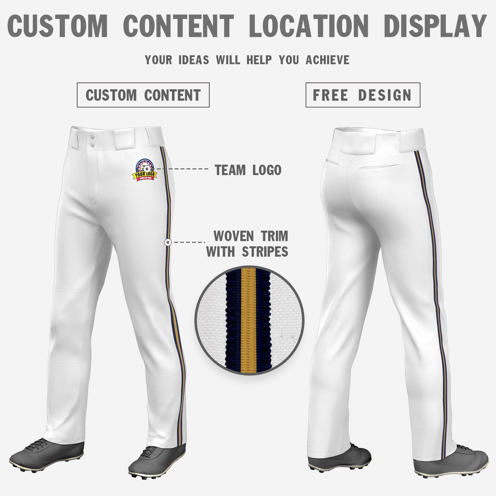 Custom White Navy-Gold-Navy Classic Fit Stretch Practice Loose-fit Baseball Pants