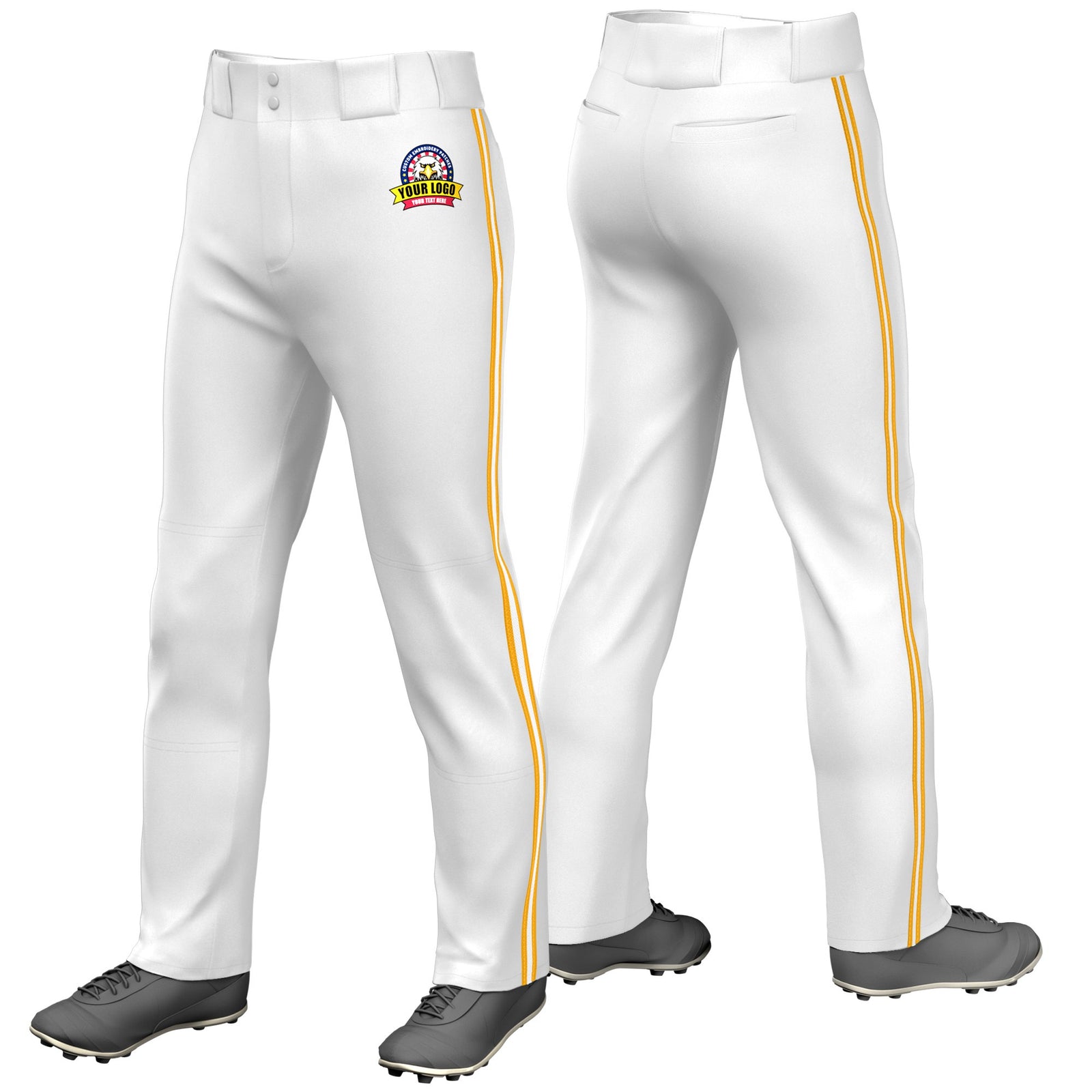 Custom White Yellow-White-Yellow Classic Fit Stretch Practice Loose-fit Baseball Pants