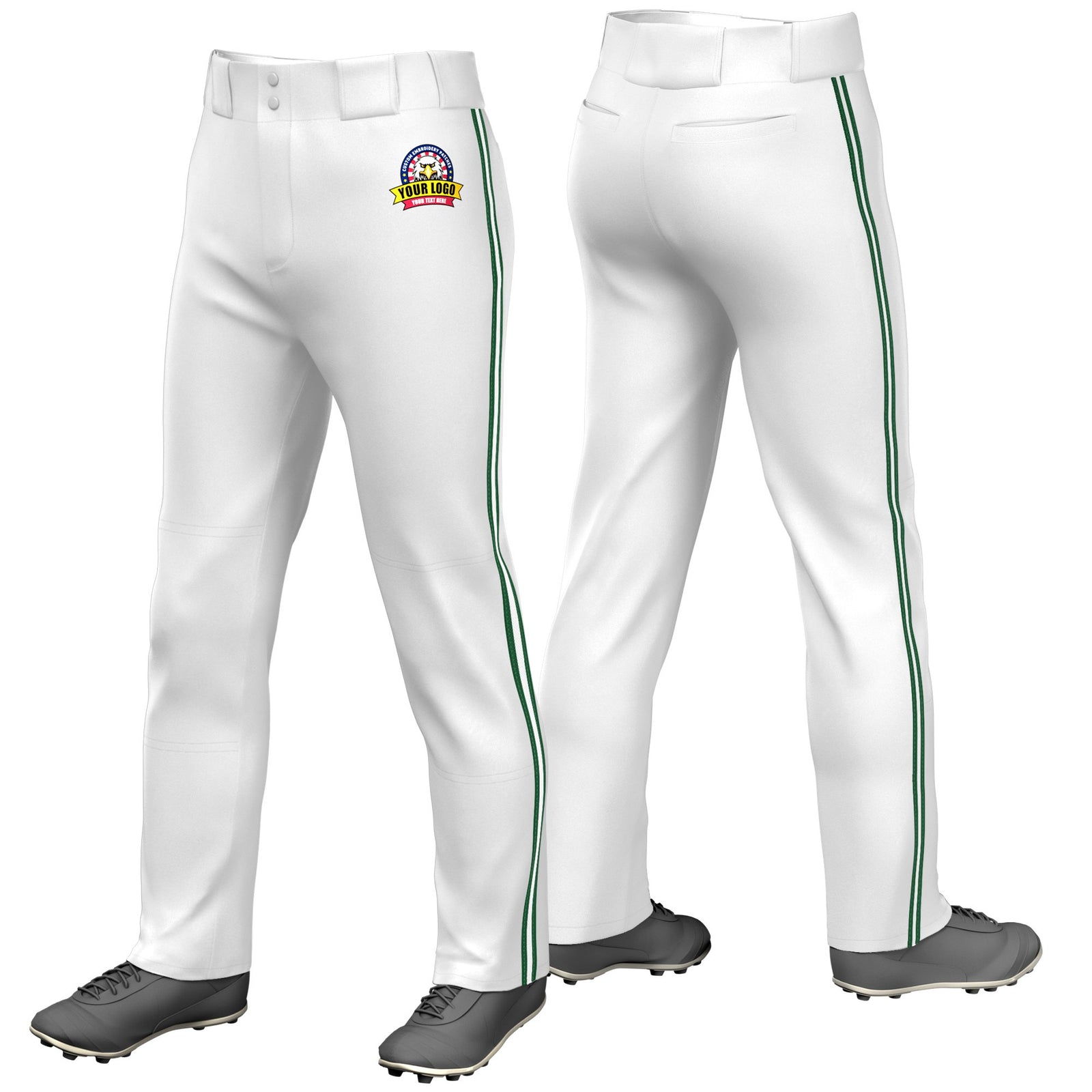 Custom White Green-White-Green Classic Fit Stretch Practice Loose-fit Baseball Pants