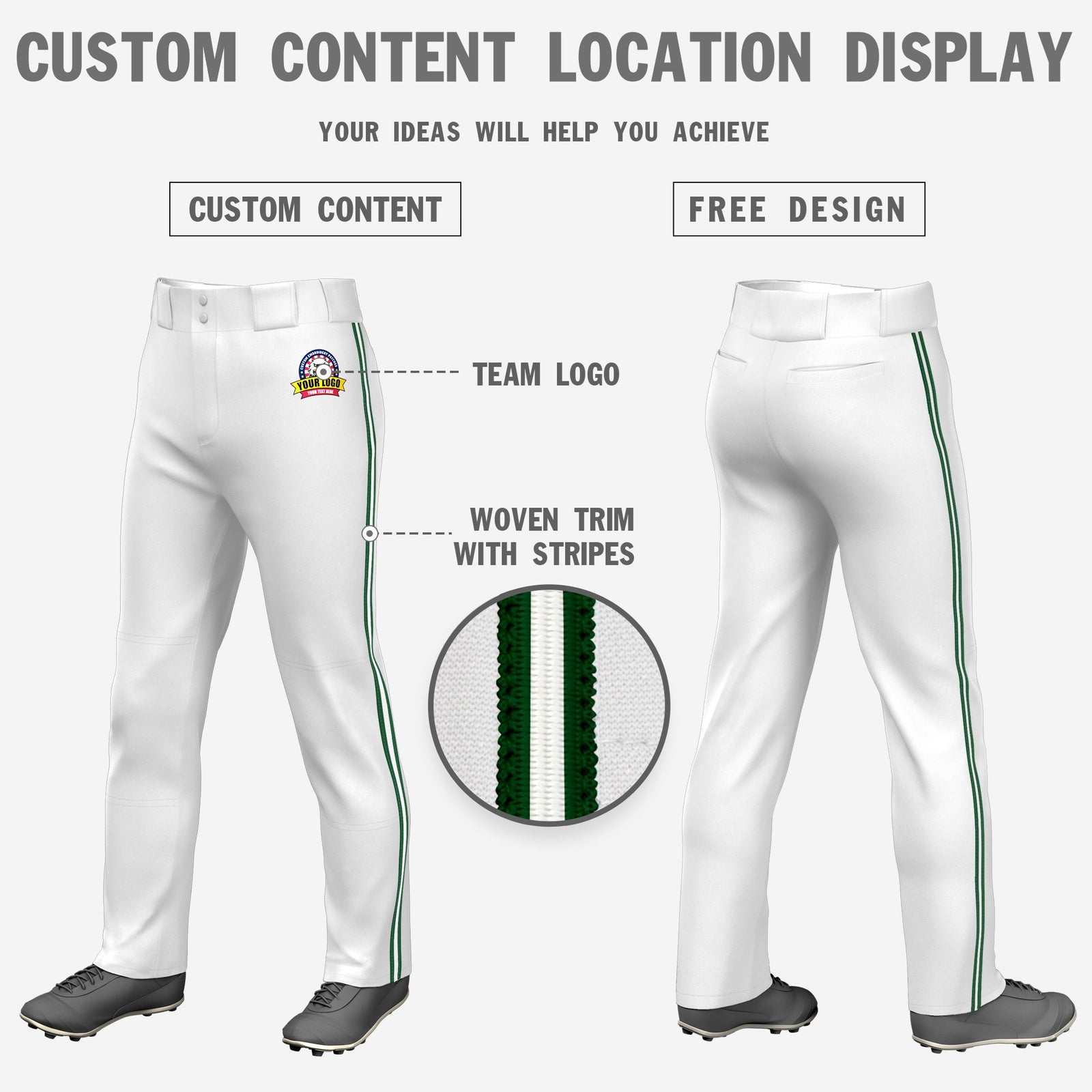 Custom White Green-White-Green Classic Fit Stretch Practice Loose-fit Baseball Pants