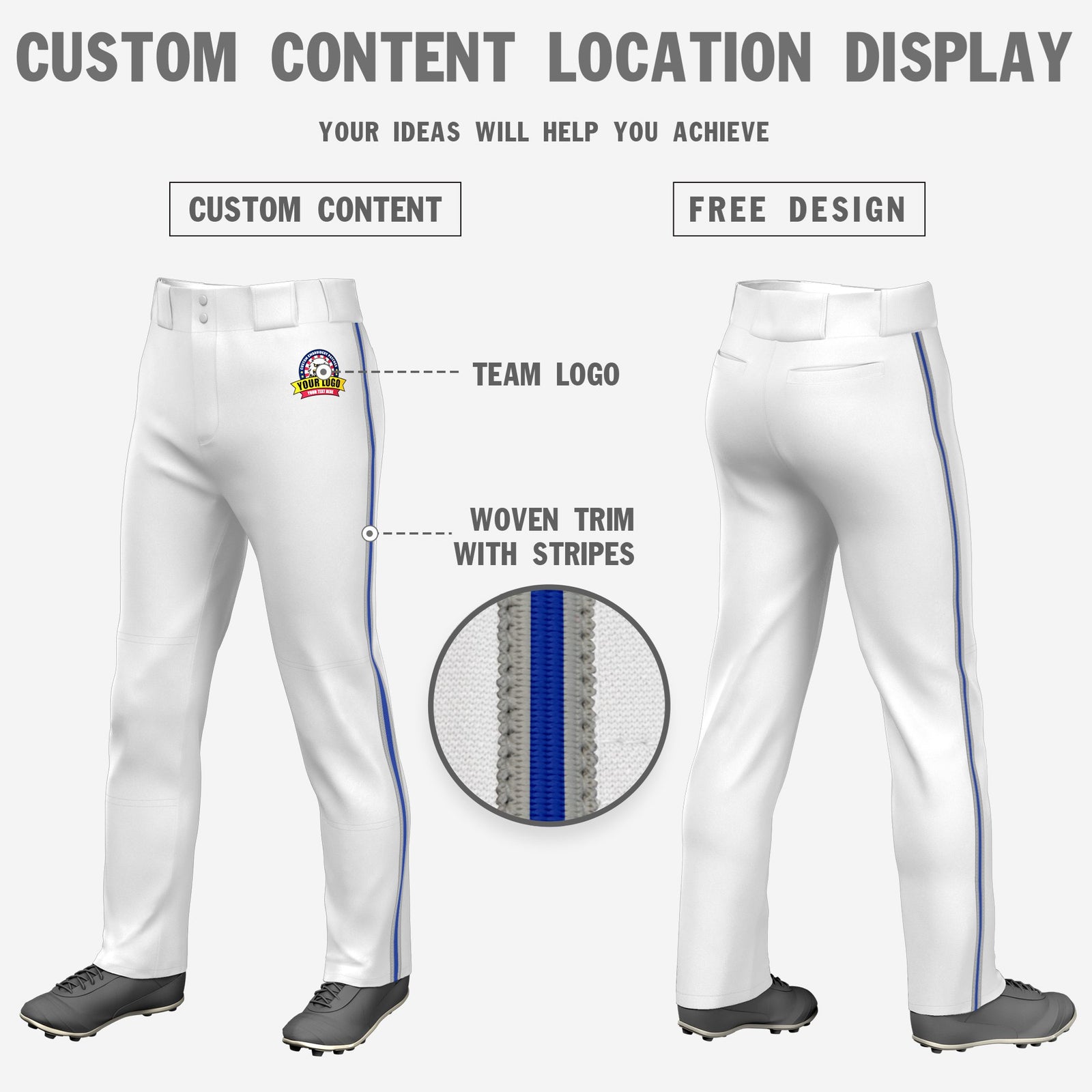 Custom White Gray-Royal Blue-Gray Classic Fit Stretch Practice Loose-fit Baseball Pants
