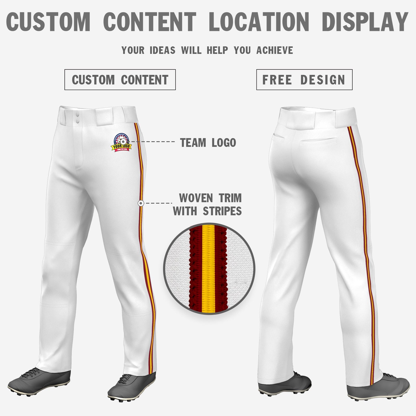 Custom White Red-Gold01-Red Classic Fit Stretch Practice Loose-fit Baseball Pants