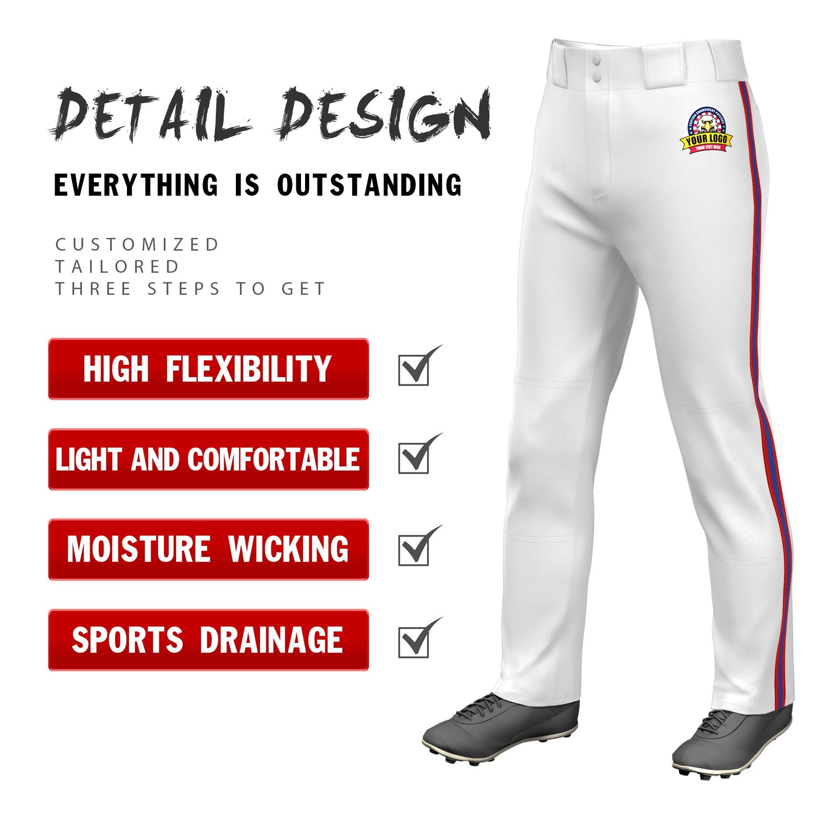 Custom White Red-Royal Blue-Red Classic Fit Stretch Practice Loose-fit Baseball Pants