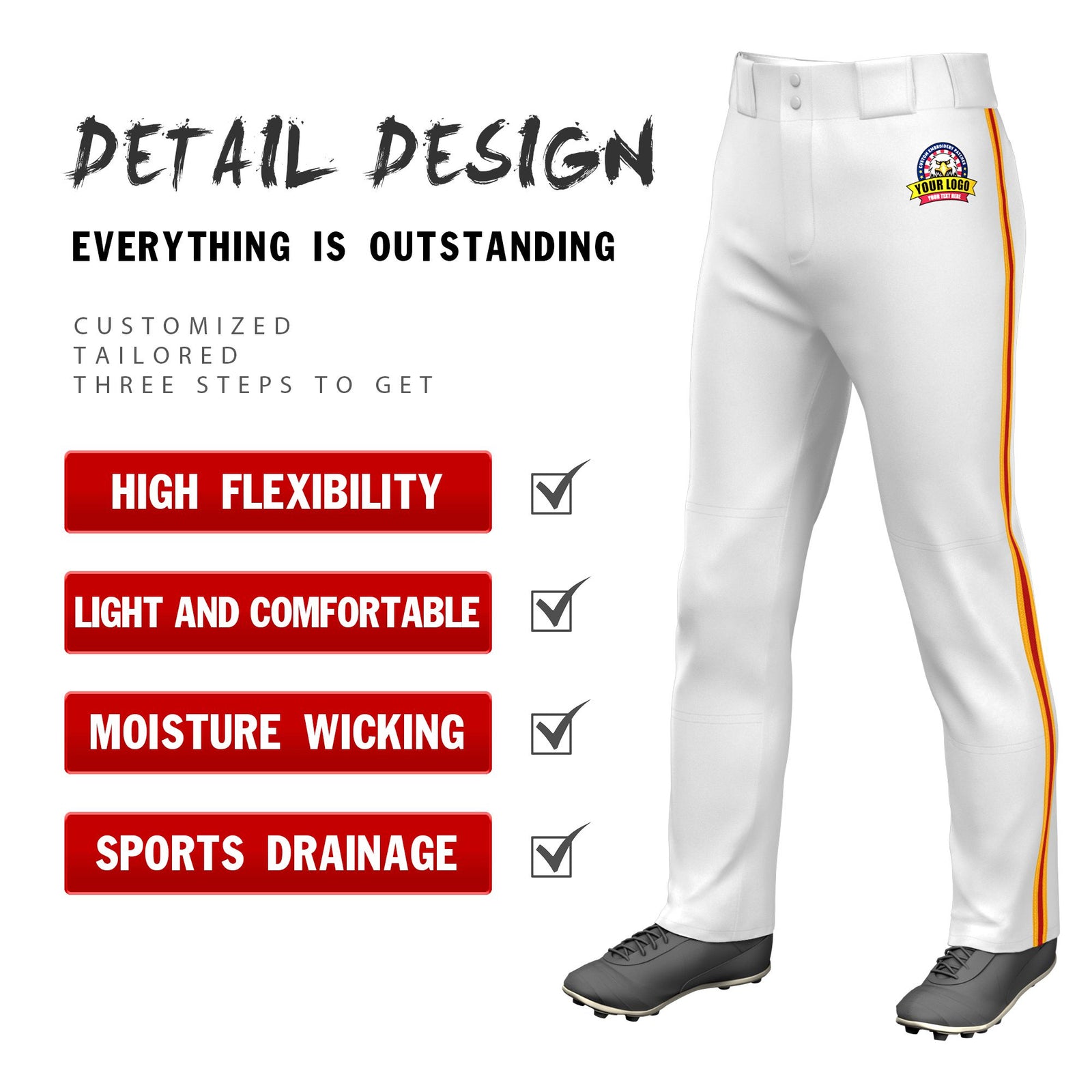 Custom White Yellow-Red-Yellow Classic Fit Stretch Practice Loose-fit Baseball Pants
