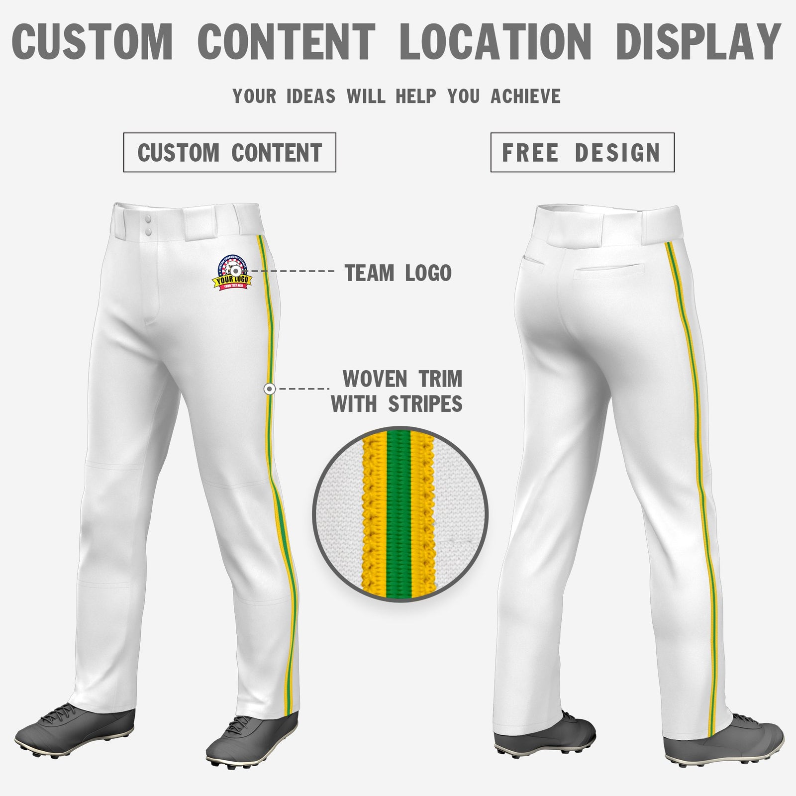 Custom White Gold01-Kelly Green-Gold01 Classic Fit Stretch Practice Loose-fit Baseball Pants