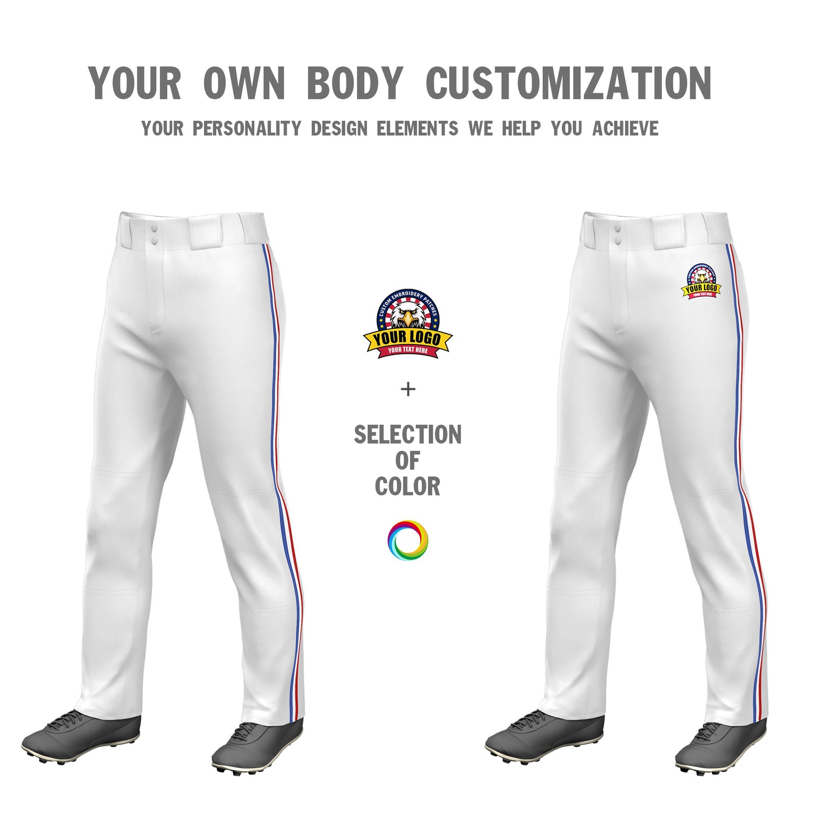Custom White Royal Blue-White-Red Classic Fit Stretch Practice Loose-fit Baseball Pants