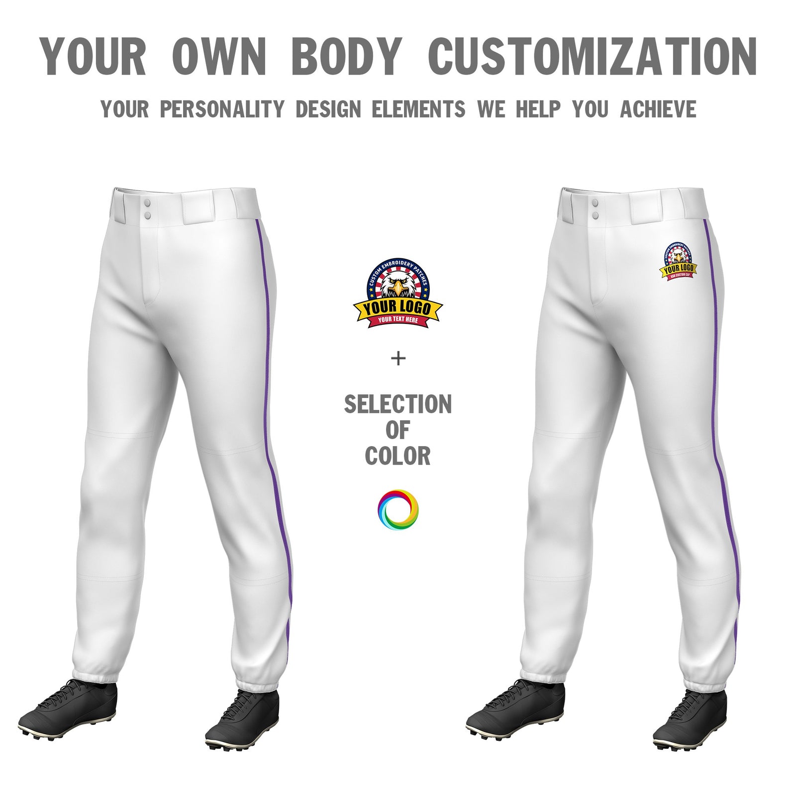 Custom White Purple Classic Fit Stretch Practice Pull-up Baseball Pants