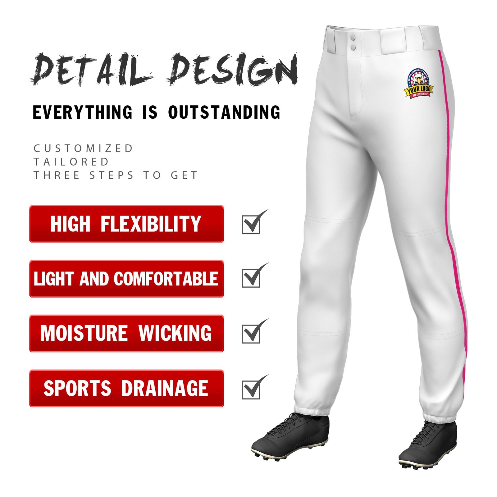 Custom White Pink Classic Fit Stretch Practice Pull-up Baseball Pants