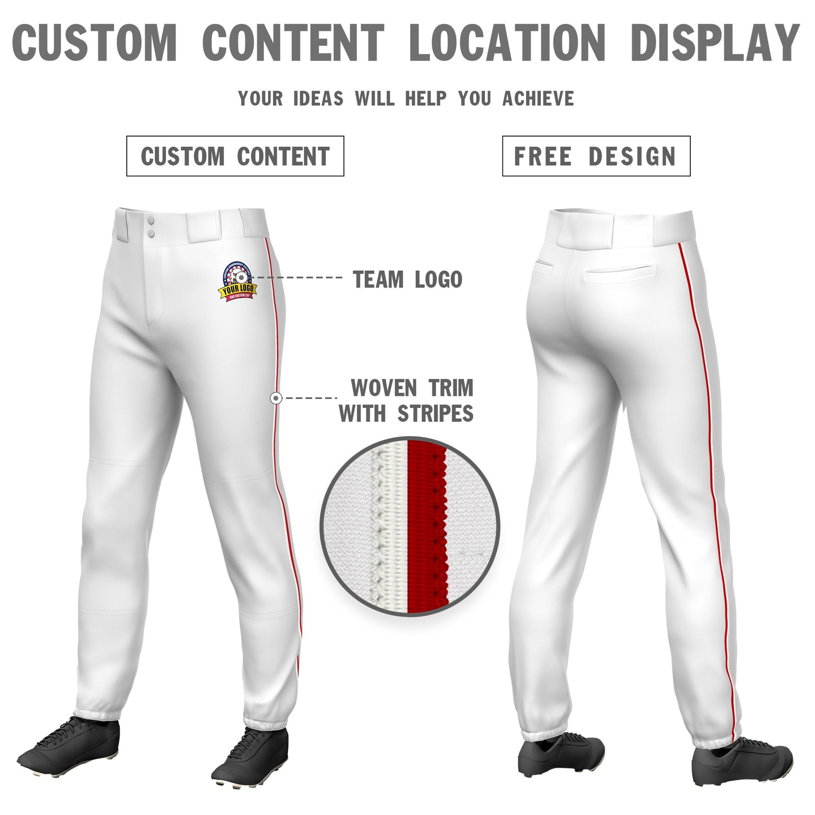 Custom White Red Classic Fit Stretch Practice Pull-up Baseball Pants