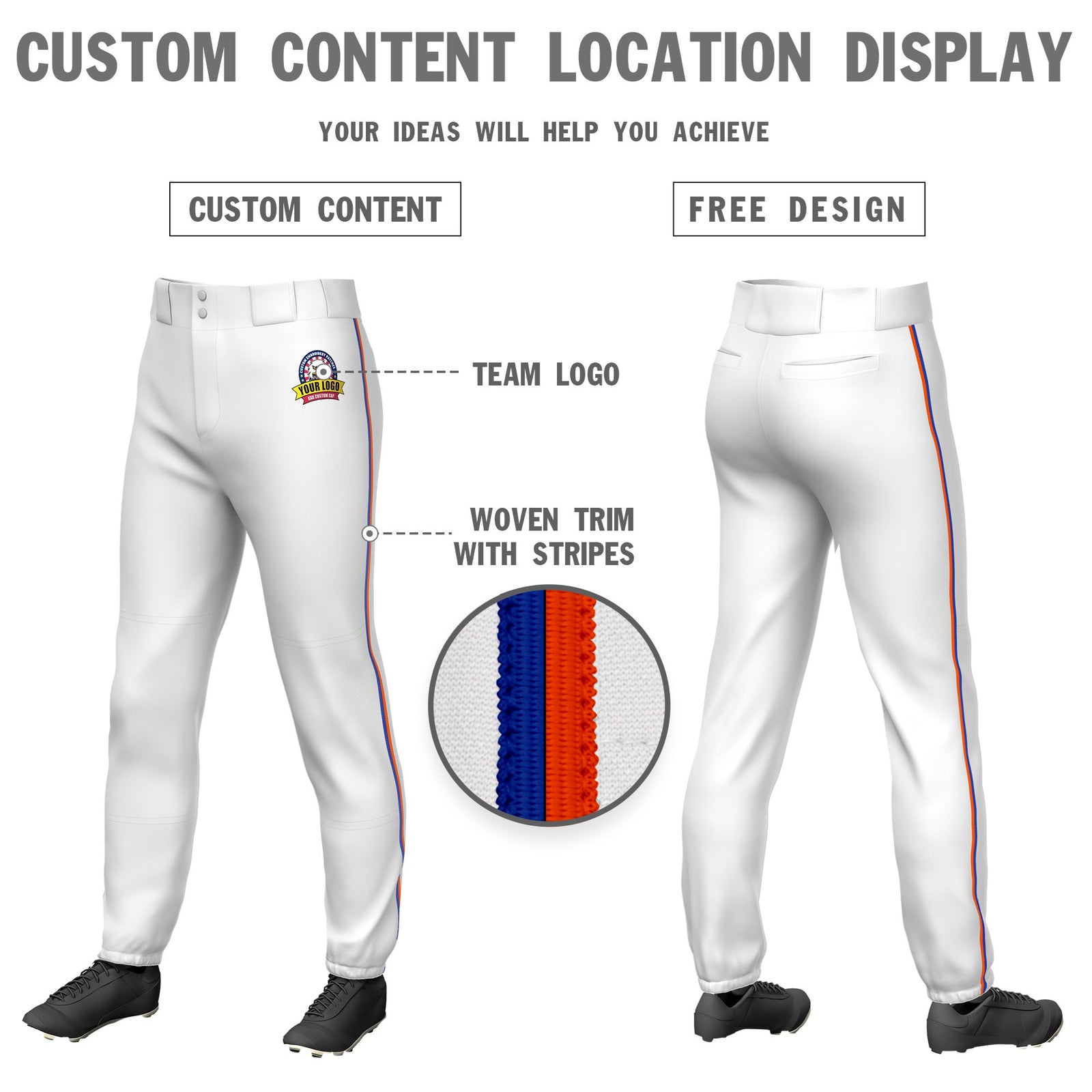 Custom White Royal Blue-Orange Classic Fit Stretch Practice Pull-up Baseball Pants