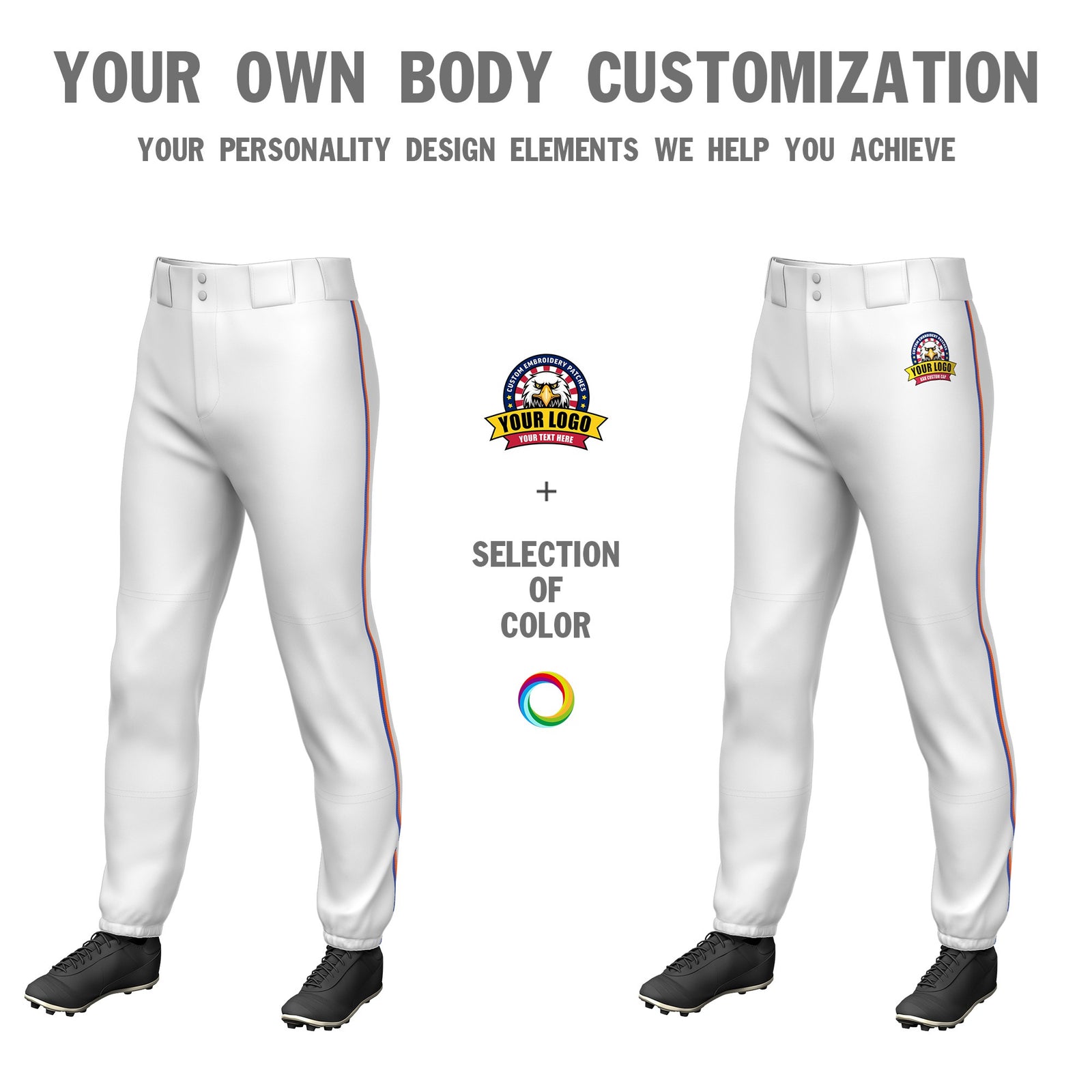 Custom White Royal Blue-Orange Classic Fit Stretch Practice Pull-up Baseball Pants